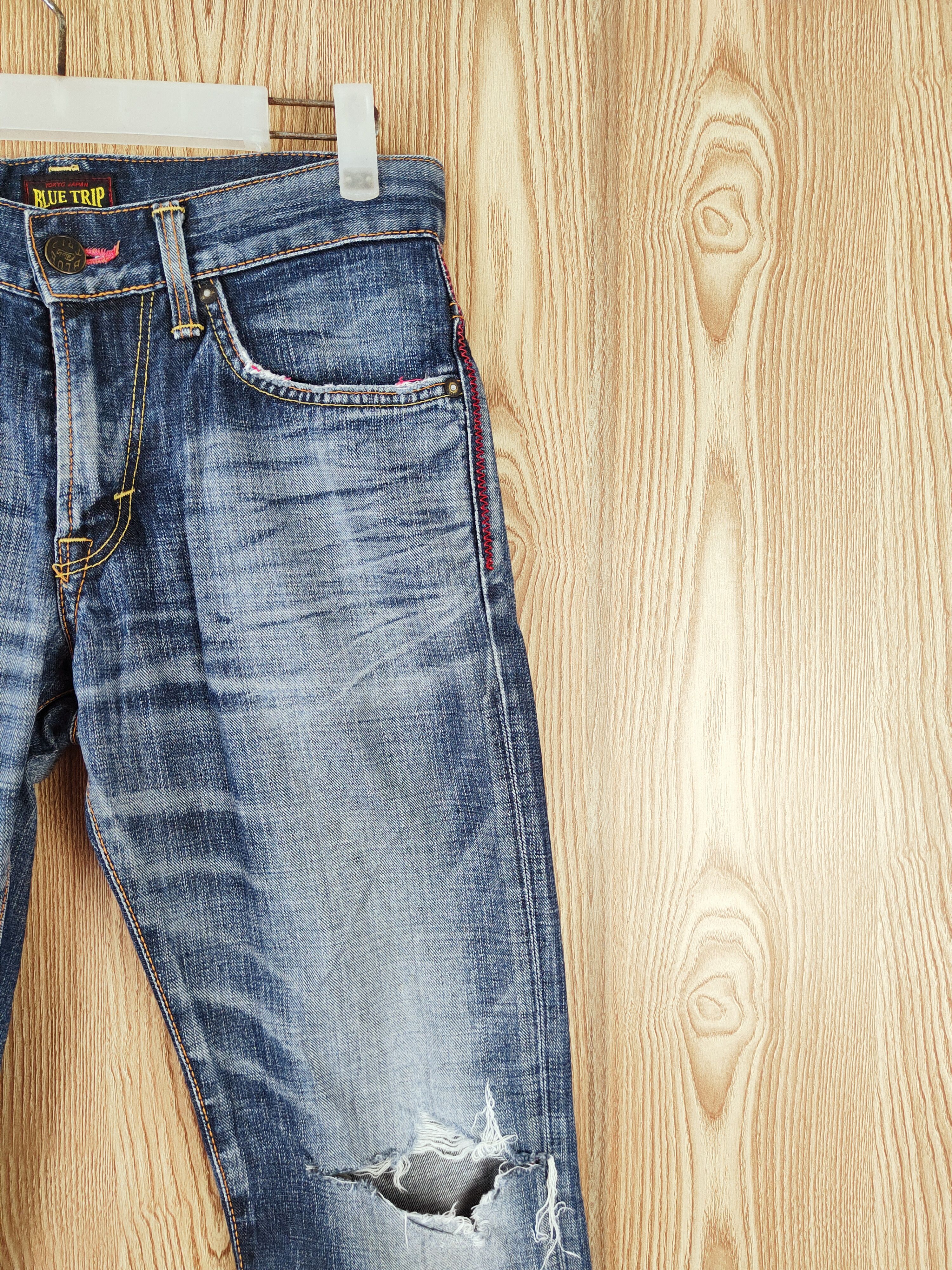 Edwin × Vintage SPECIAL OFFER 💥 Edwin Dark Blue Distressed Ripped Jeans Size 31" - 5 Thumbnail