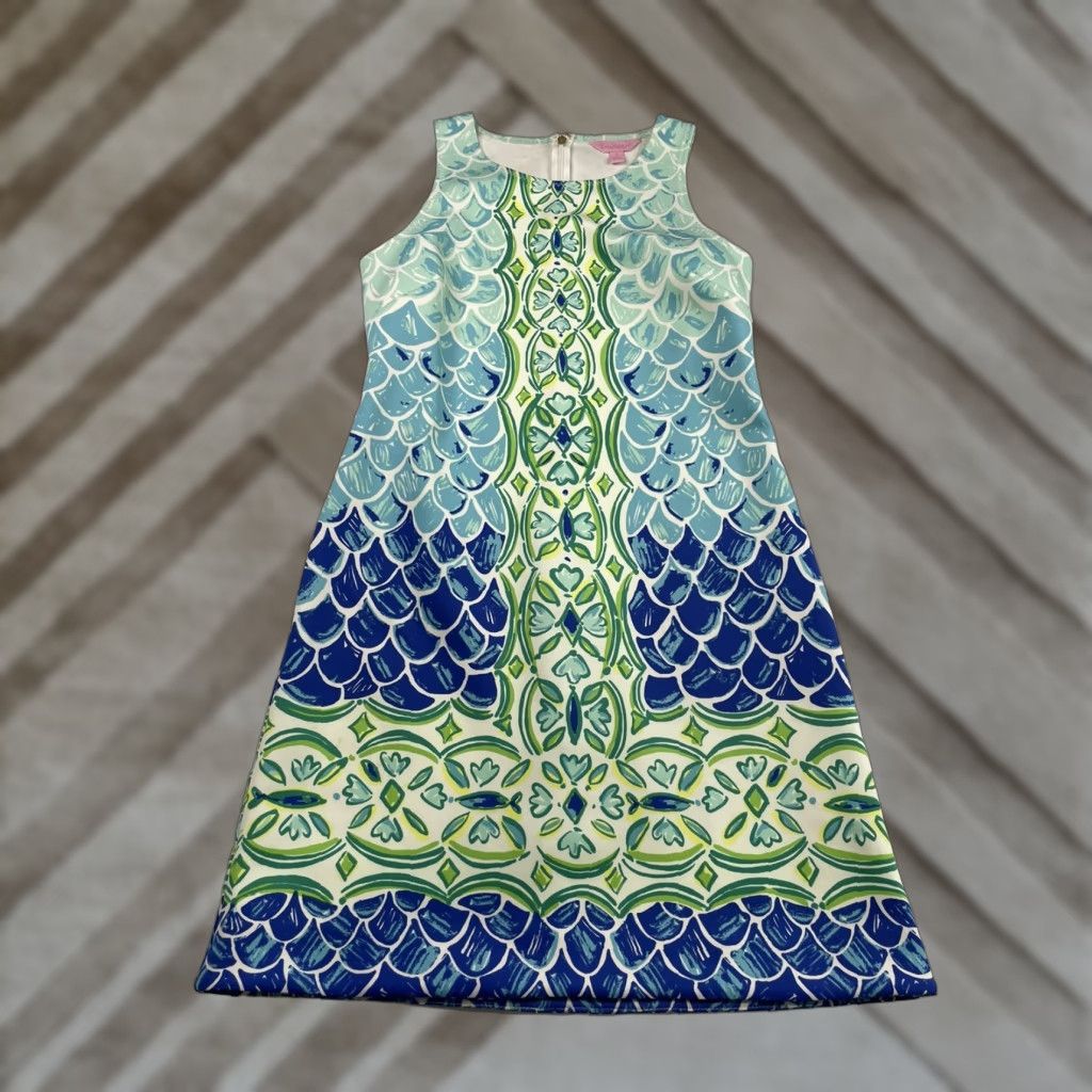 Lilly Pulitzer VINTAGE Lilly Pulitzer The Pink Pelican Perla Shift Dress Turquoise/Blue Scale Small Size S / US 4 / IT 40 - 1 Thumbnail
