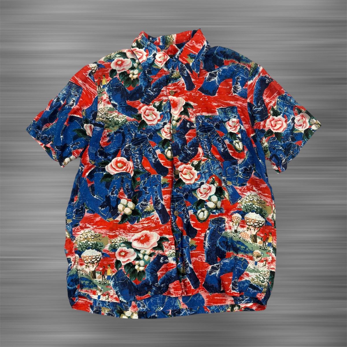 Kapital Aloha Hawaii Button Up Shirt Crash Denim Red
