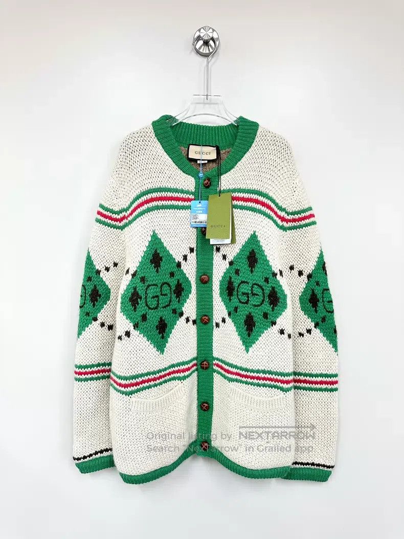 Gucci Gucci White and green diamond pattern GG knitted thick plu Size M / US 6-8 / IT 42-44 - 1 Thumbnail