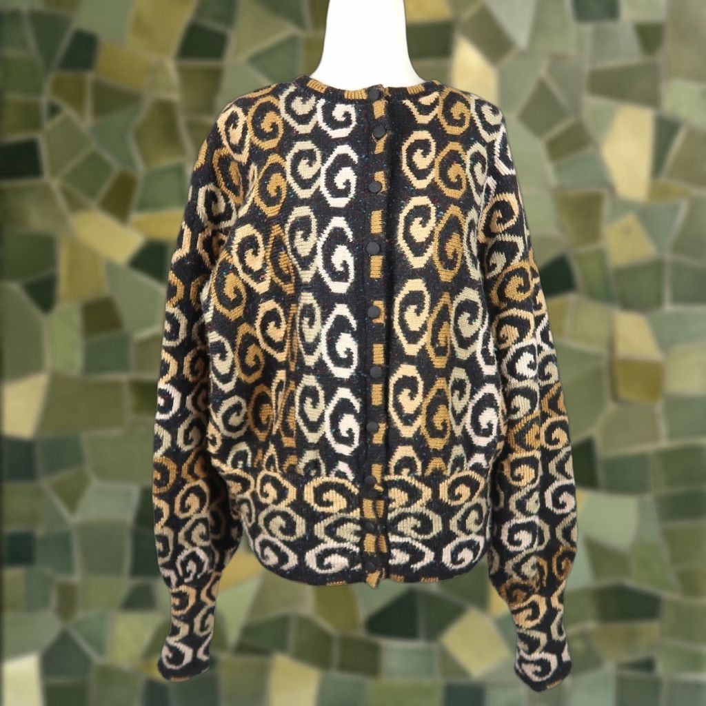 Nordstrom VINTAGE Nordstrom Gallery Cardigan Wool Silk Ballon Sleeve Black Tan Print S Women 80s Fall Winter Geometric Swirl Pattern Knit Size S / US 4 / IT 40 - 1 Thumbnail