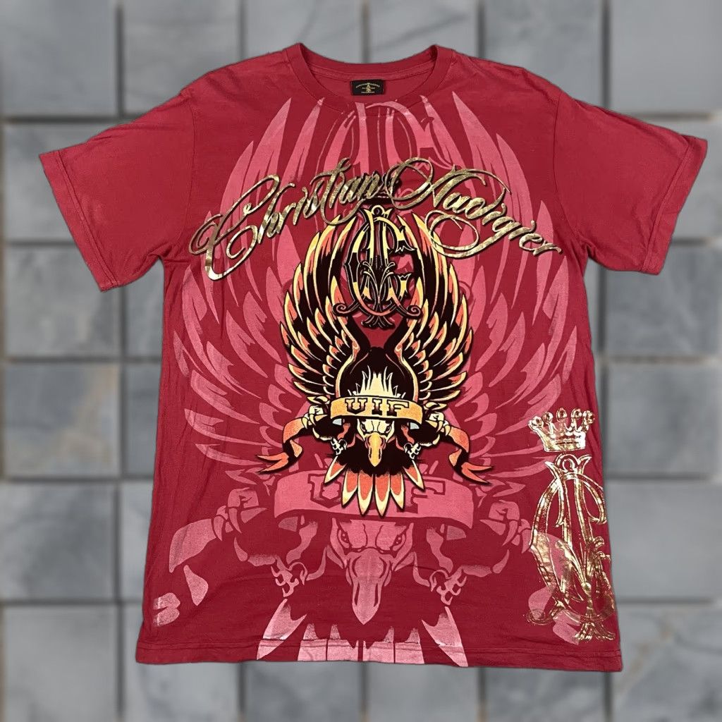 Vintage Christian Audigier T shirt Men’s L Red Short Sleeve AOP Gold Eagle Rose Rare* Size US L / EU 52-54 / 3 - 1 Thumbnail