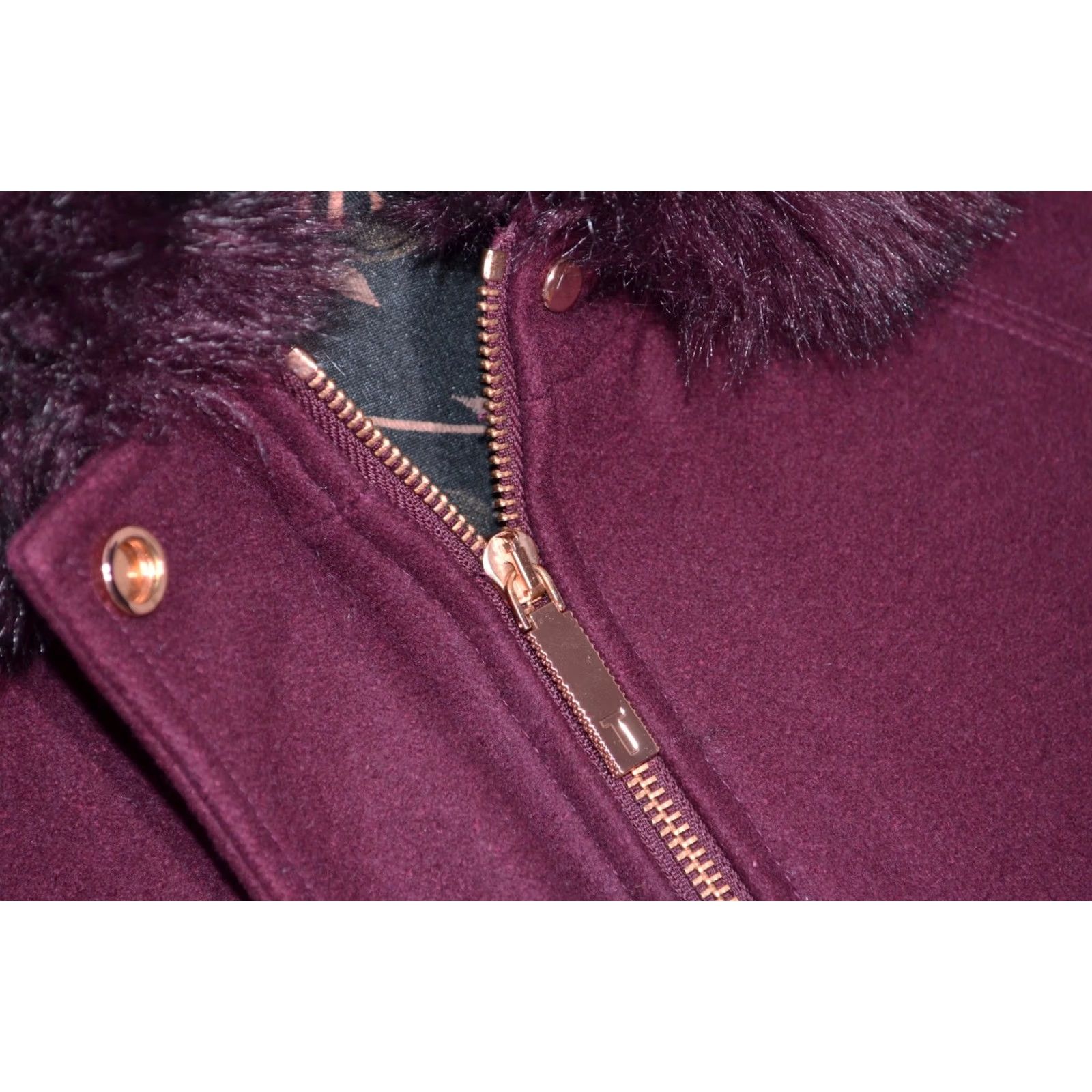 Ted Baker Ted Baker Women's Coat Wool Blend Burgundy Faux Fur Collar Overcoat Winter, Size 2, Regular, Long Sleeve, Zip, Button, Casual, Designer, Adult Womens Size XS / US 0-2 / IT 36-38 - 6 Thumbnail