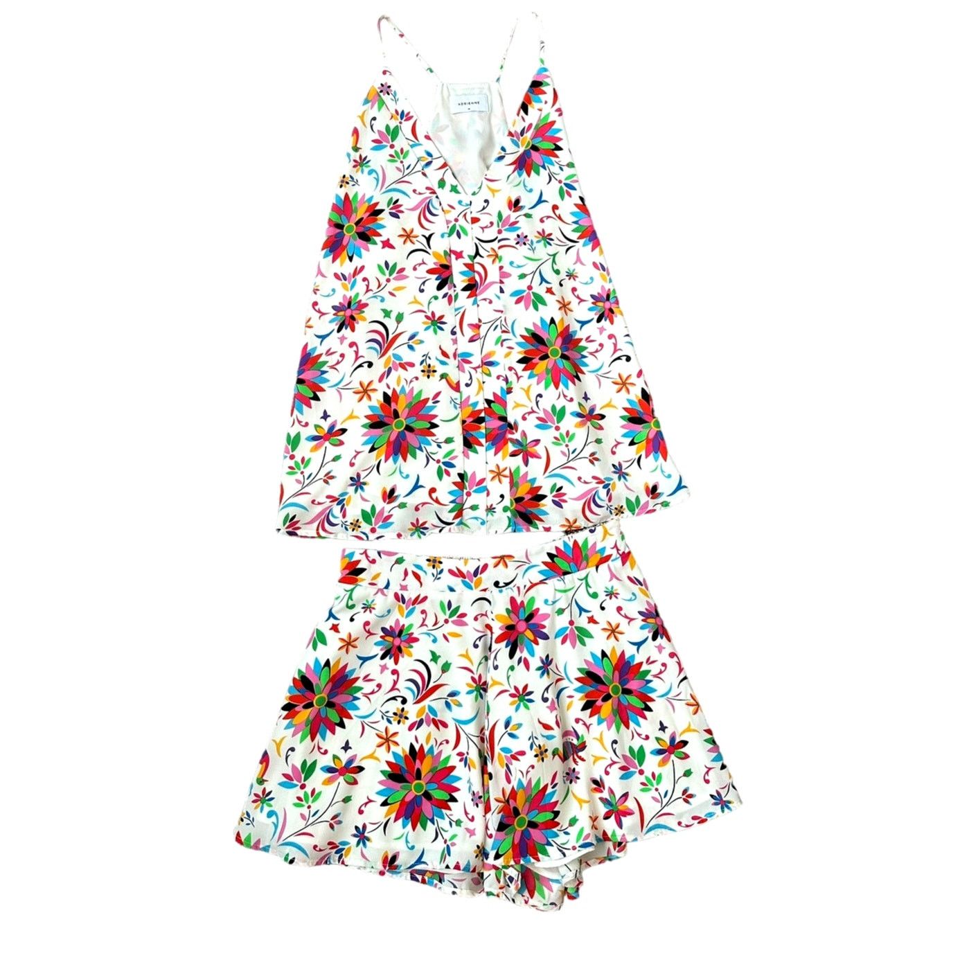 image of Adrienne Vibrant Multicolor Floral V-Neck Blouse Shorts Set in White, Women's (Size Medium)