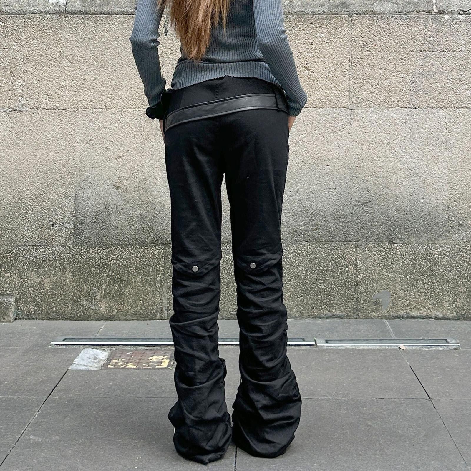 Japanese Brand Black Cargo Flared Pants with Leather Detail, Stacked Fit Size US 30 / EU 46 - 3 Thumbnail