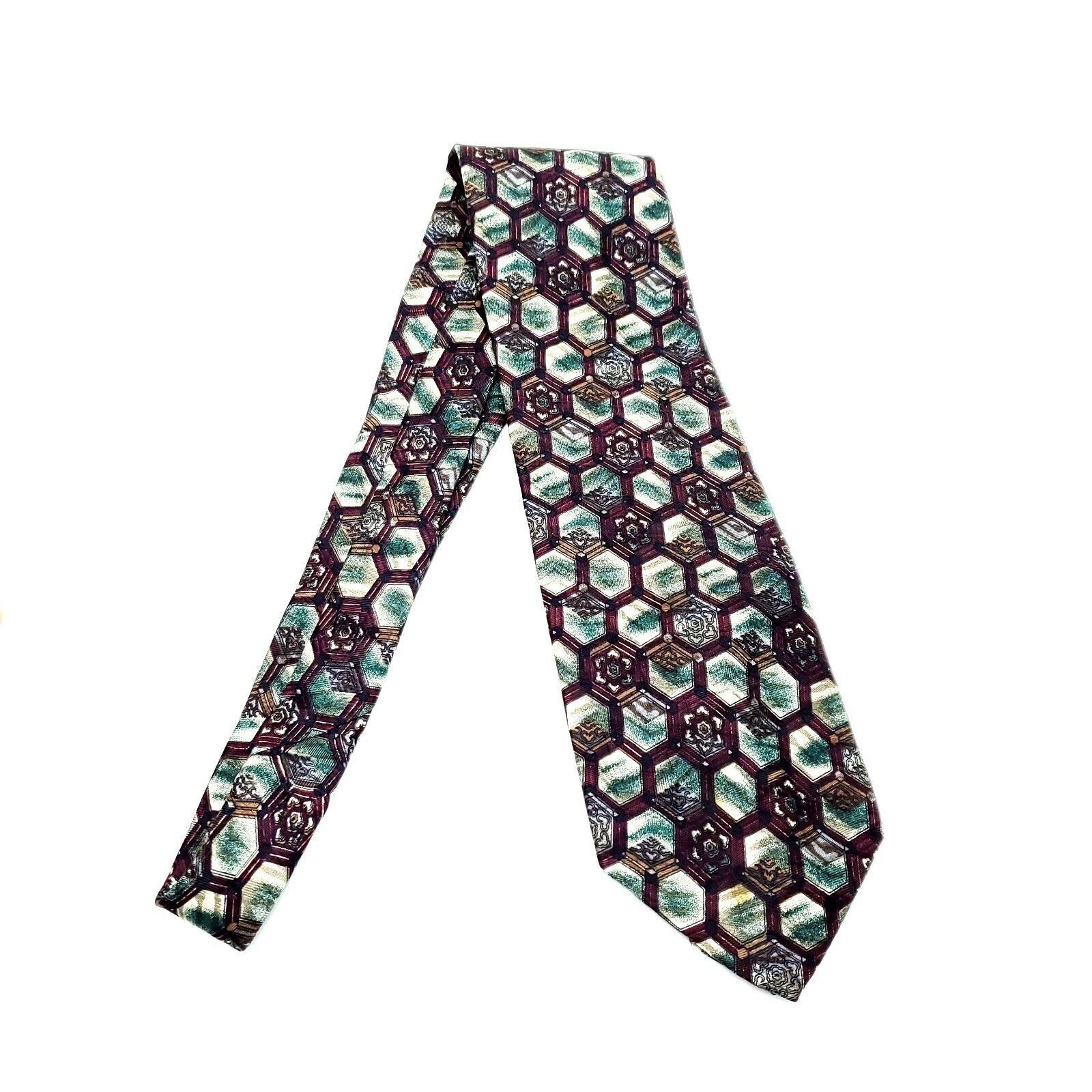XMI Platinum XMI Silk Tie Maroon Green Geometric Short Wide Size ONE SIZE - 6 Thumbnail