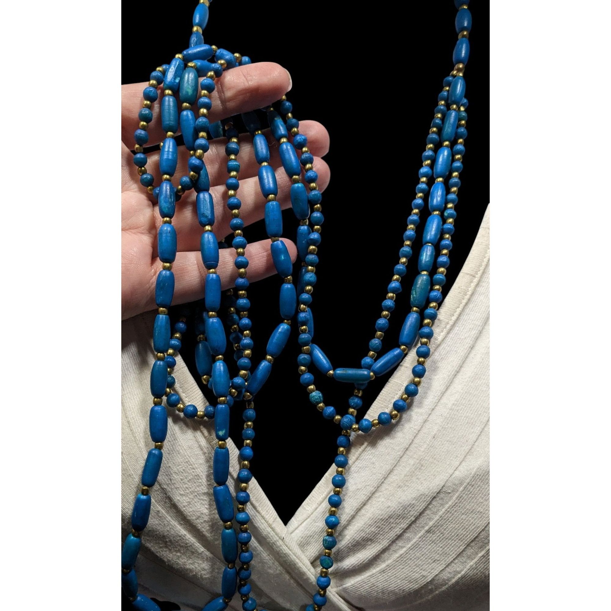 Other Vintage Dyed Blue Wood Bead Gold Spacer Multi Strand Bohemia Size ONE SIZE - 4 Thumbnail