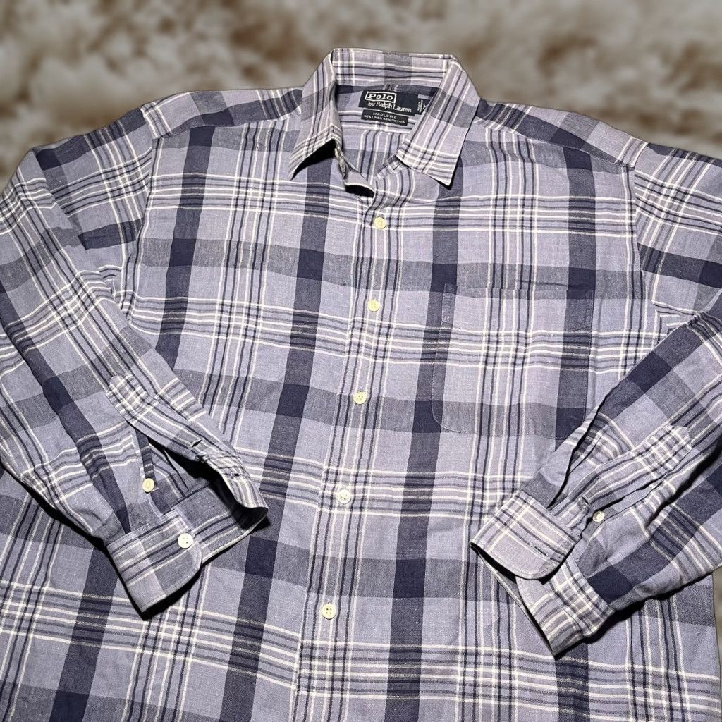 VINTAGE Polo Ralph Lauren Shirt Mens Medium Plaid Marlowe Linen Button Up Relaxed Baggy