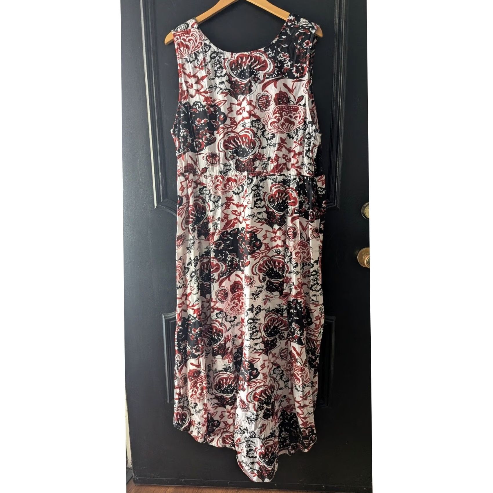 Vintage Willow Ridge Floral Print Maxi Dress Sleeveless White Black Red 2XL Bohemian Handkerchief Hem Casual Womens Size XXL / US 16-18 / IT 52-54 - 2 Thumbnail