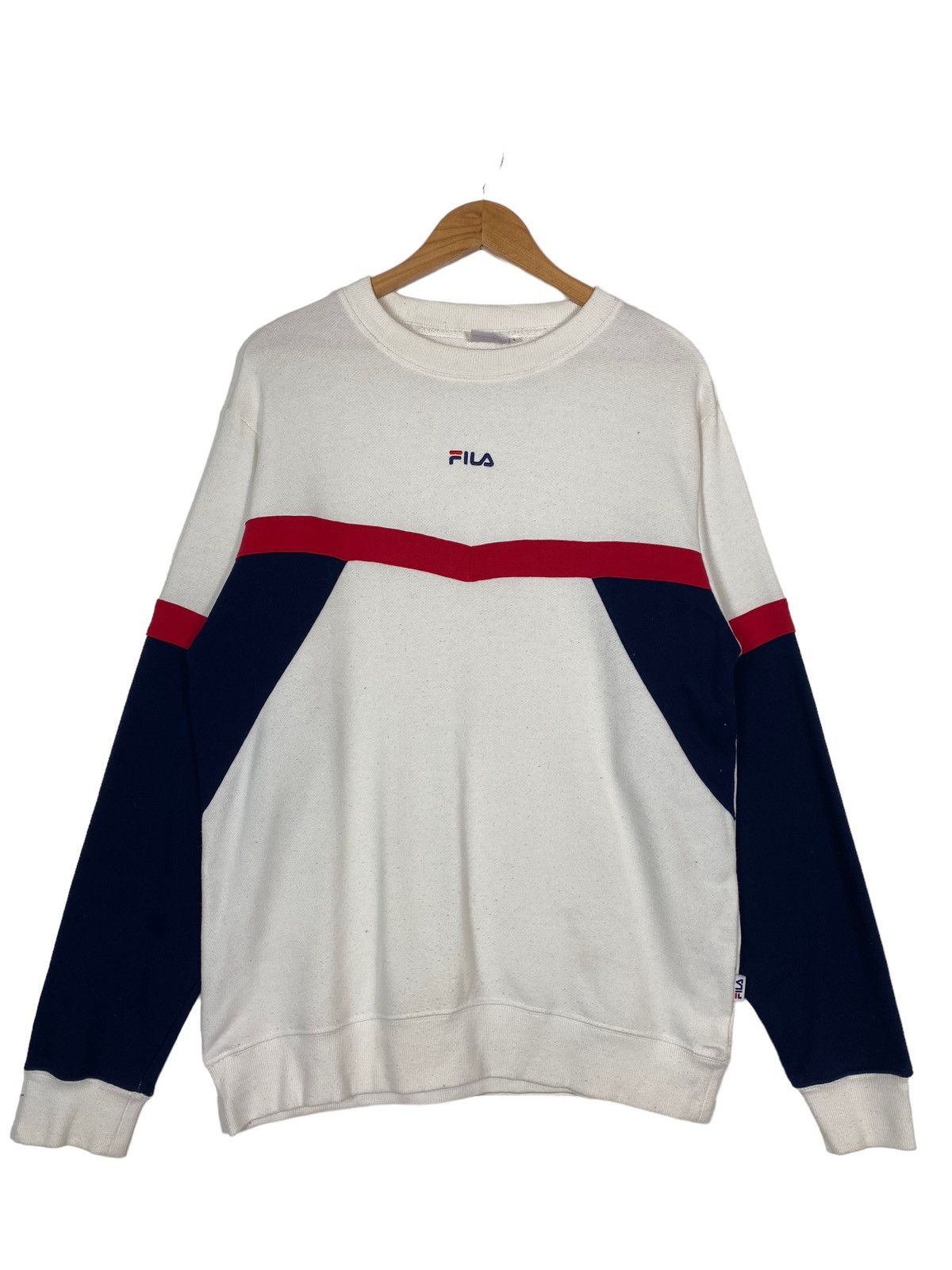 image of Vintage 90's Fila Center Logo Colourblock Crewneck Sweatshirt in White, Men's (Size Medium)