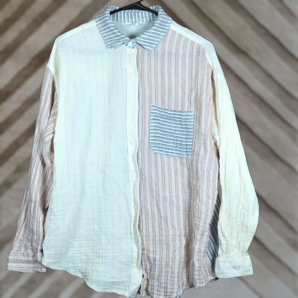 Aeropostale Aeropostale Shirt Womens Striped Collared Button Down 100% Cotton S Yellow Multicolored Casual Workwear Slim Fit Button-Up Long Sleeve Size S / US 4 / IT 40 - 1 Thumbnail
