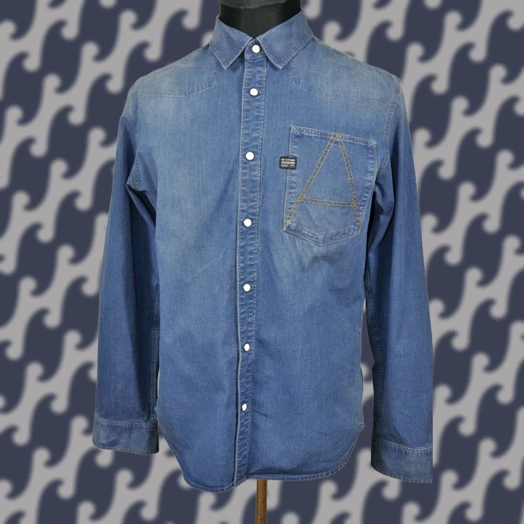 G-Star G-Star Raw A Crotch Shirt Denim Long Sleeve Button-Up L Blue 99% Cotton 1% Elastane Mens Regular Shirt Size US L / EU 52-54 / 3 - 1 Thumbnail