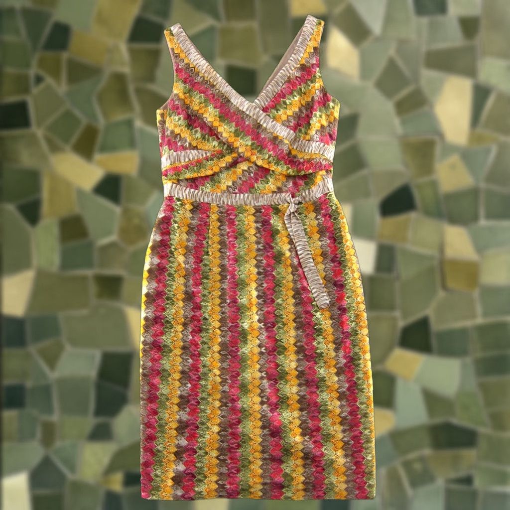 Vintage Kay Unger New York V-Neck Sheath Tank Dress 8 Dress, Sleeveless, Knee Length, Lined, Polyester, Orange, Pink, Green, Brown, Stripe, Zip Back, Women Size M / US 6-8 / IT 42-44 - 1 Thumbnail