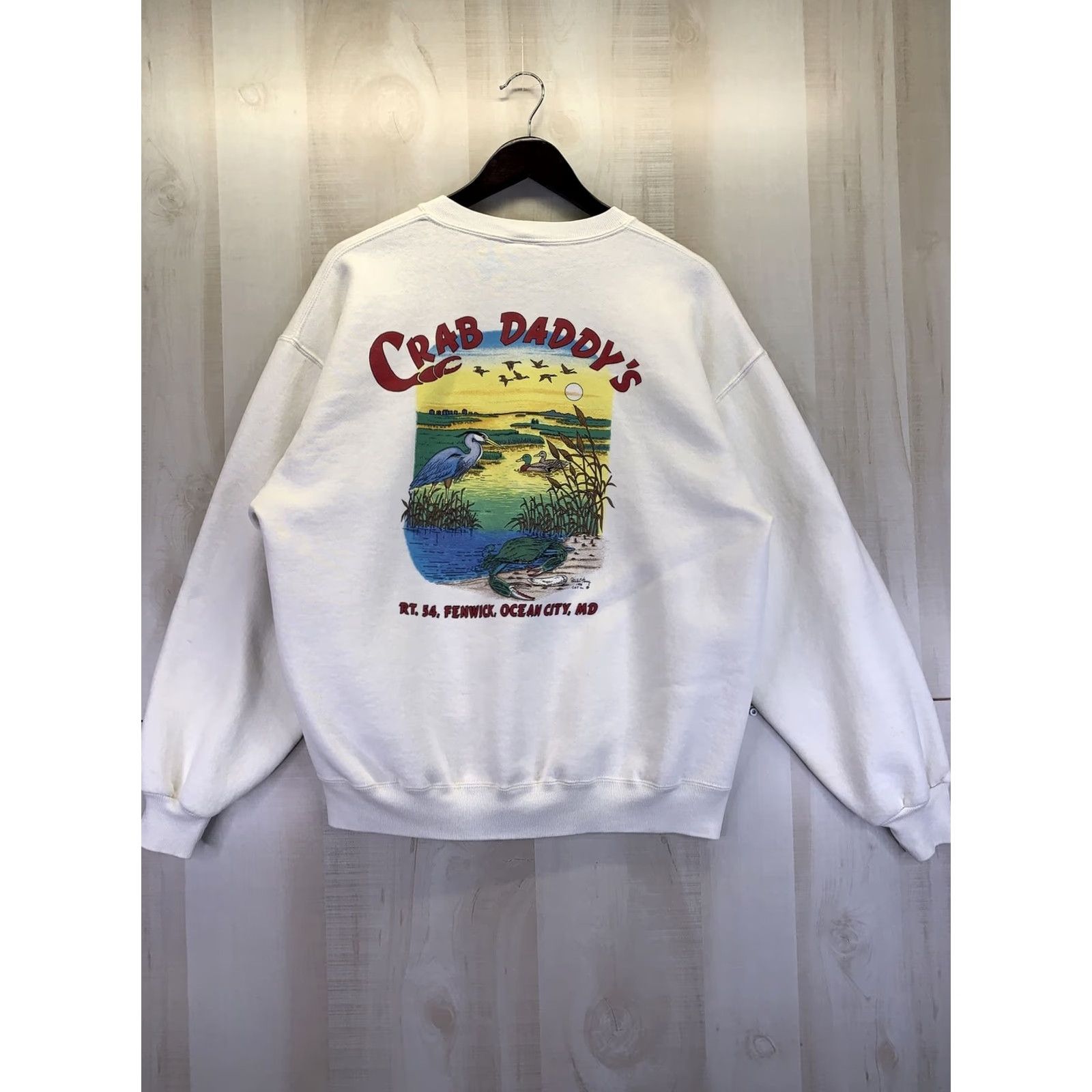 Jerzees VINTAGE Jerzees 1990s Chucks Crab Daddy Ocean City Maryland Mens Sweatshirt-L White Cotton Blend Size US L / EU 52-54 / 3 - 7 Thumbnail
