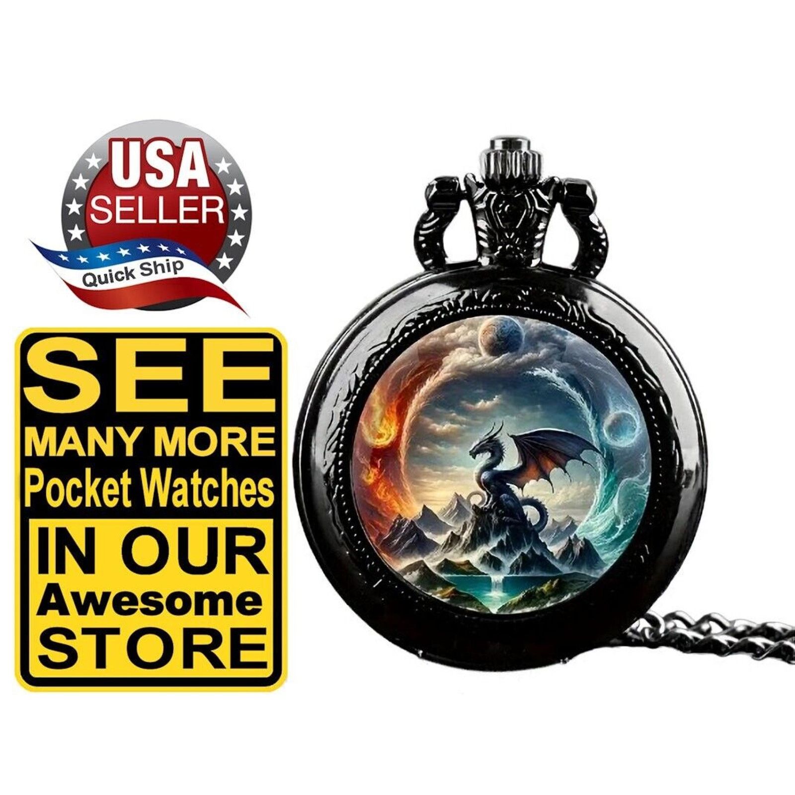 Other Flying Dragon Black Pocket Watch • Ocean •Volcano Size ONE SIZE - 1 Thumbnail