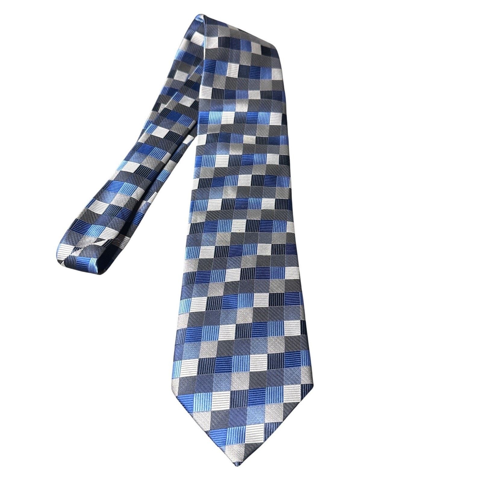 Bergamo New York Bergamo New York Mens Blue Grey Plaid Silk Necktie Tie Size ONE SIZE - 1 Thumbnail