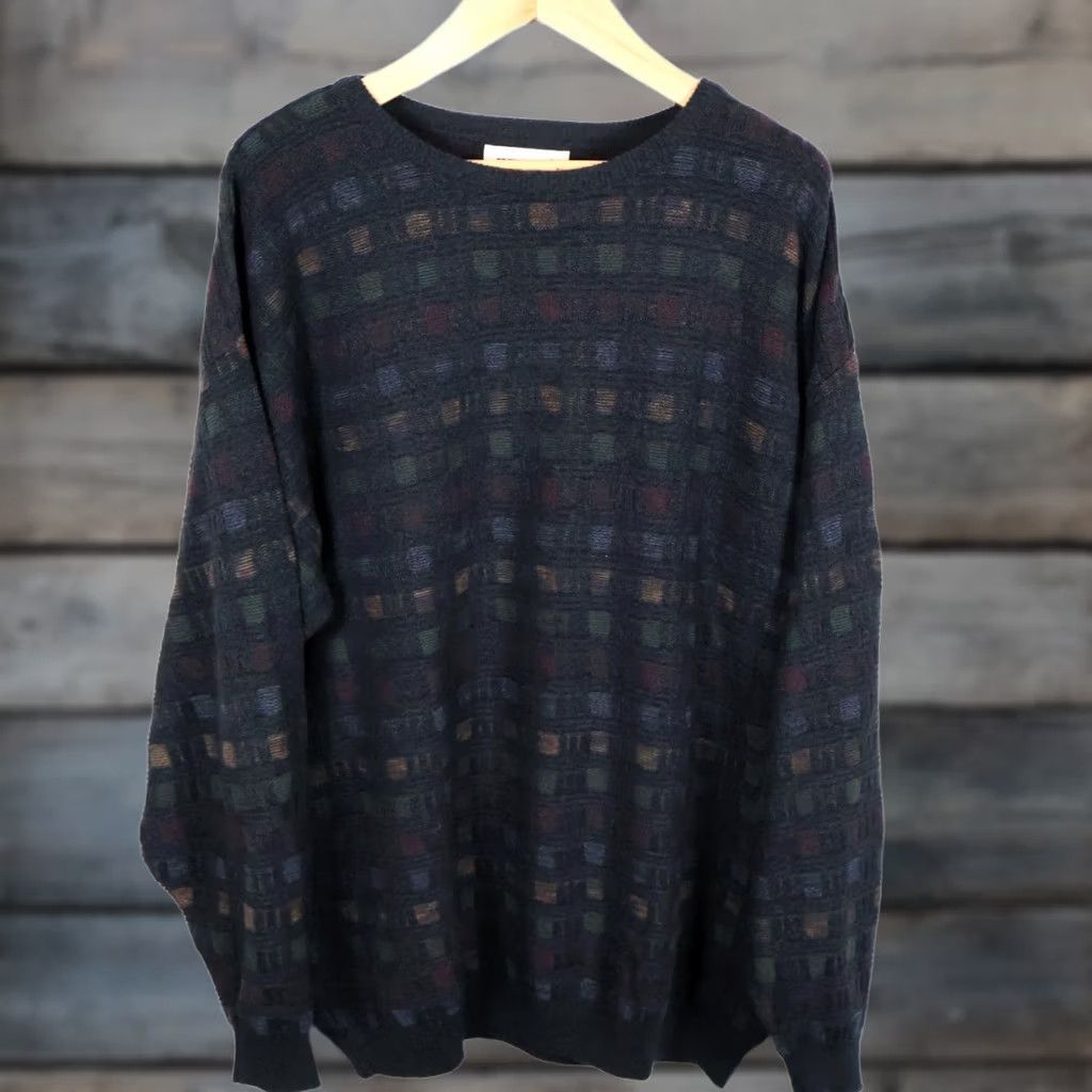 Pronto Uomo VINTAGE Pronto Uomo Sweater Mens 2XL Dark Gray Textured Check Knit VTG Dad Style Pullover Crew Neck Knit 90s Regular Mens Size US XXL / EU 58 / 5 - 1 Thumbnail