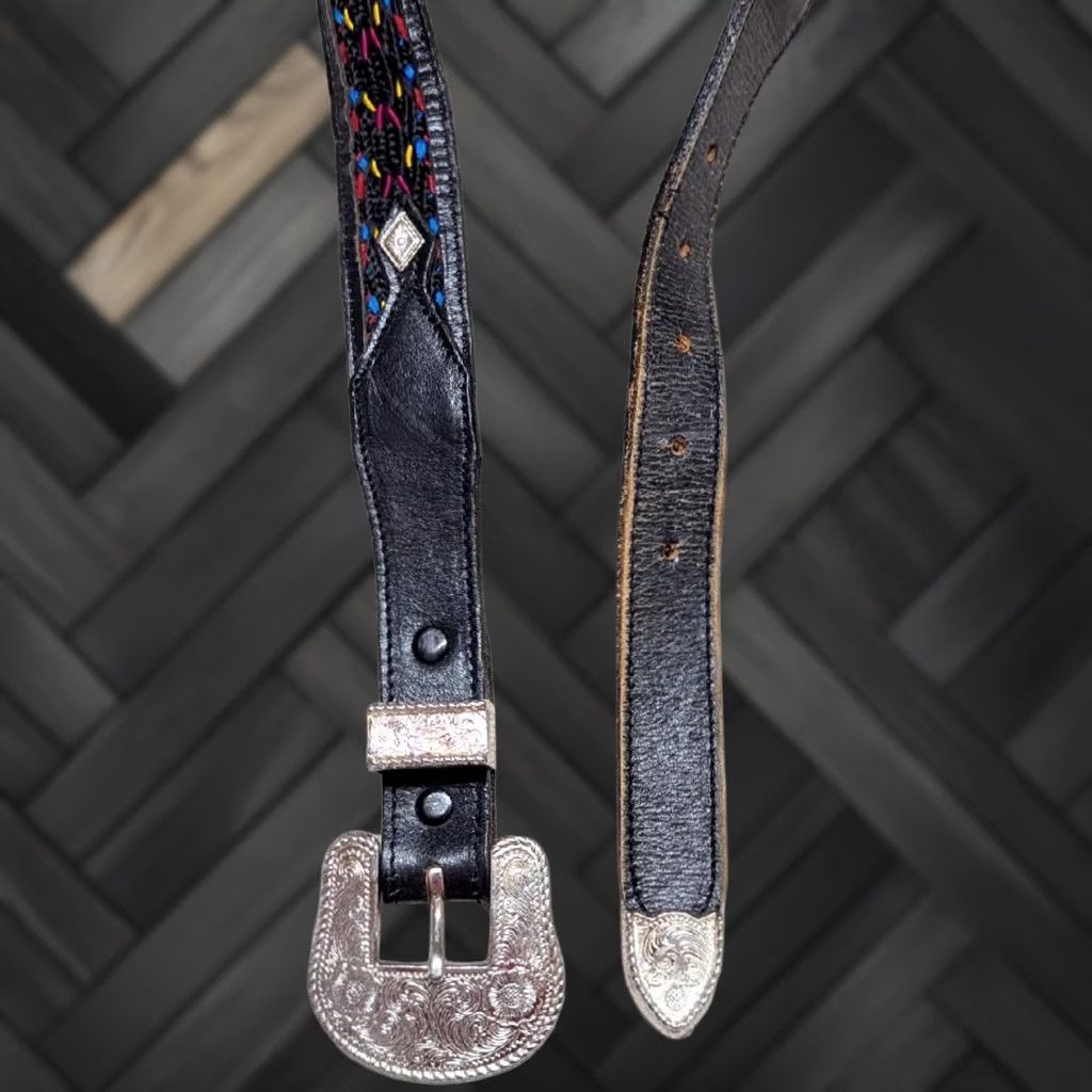 Vintage VINTAGE USA made WESTERN Belt 28 black leather EMBROIDERED cowhide RODEO buckle Size 28 - 1 Thumbnail