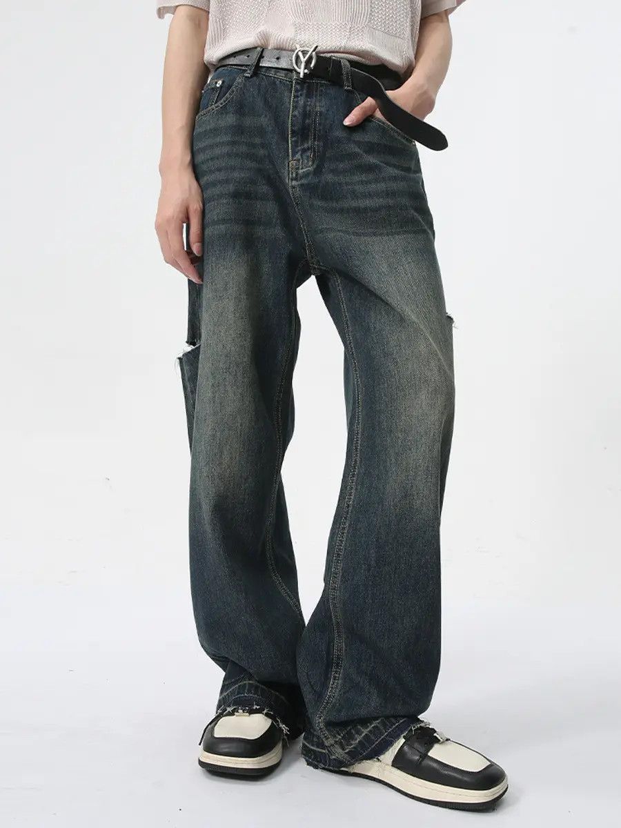 Japanese Brand Retro loose straight leg ripped jeans Size US 32 / EU 48 - 2 Thumbnail