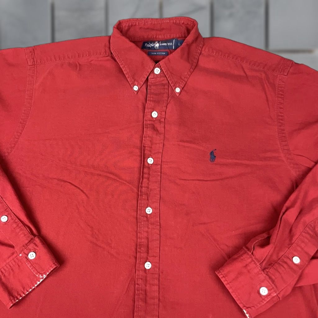 Ralph Lauren VINTAGE Ralph Lauren Polo Shirt Mens L Red Button-Down Pony Distressed 90s Polo Shirt Button-Up Knit Cotton Long Sleeve Size US L / EU 52-54 / 3 - 1 Thumbnail