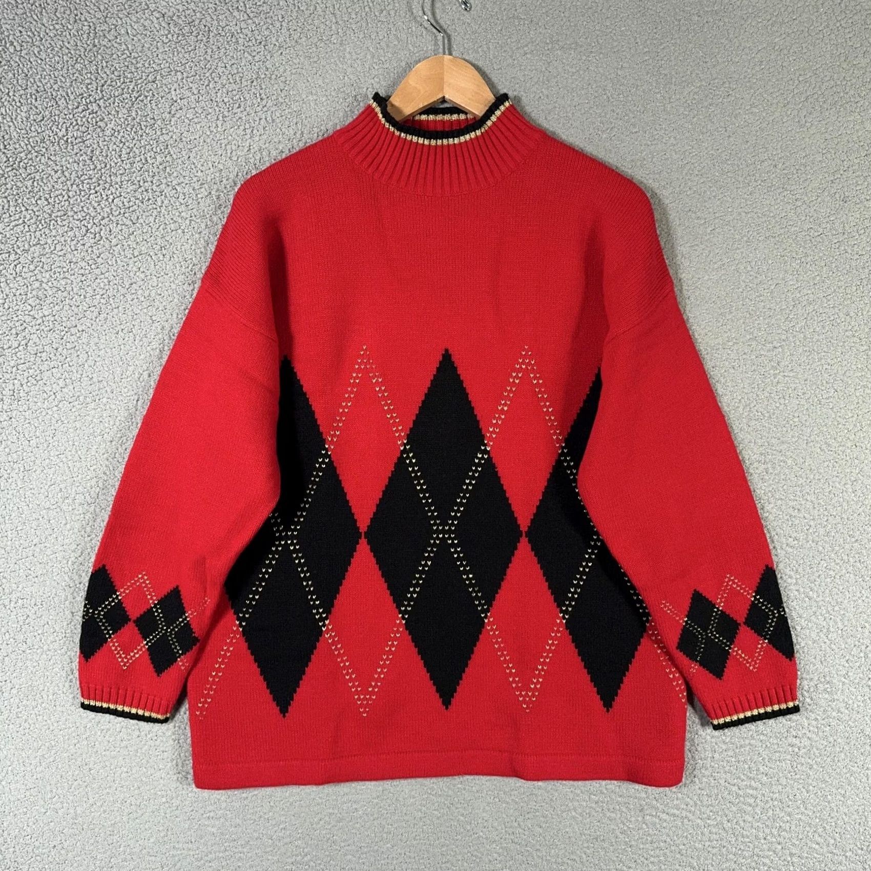 Black Diamond VINTAGE Robert Scott Ltd Argyle Sweater Women Large Red Black Diamond Christmas Holiday Pullover Knit Mock Neck Long Sleeve 90s Womens Size L / US 10 / IT 46 - 2 Thumbnail