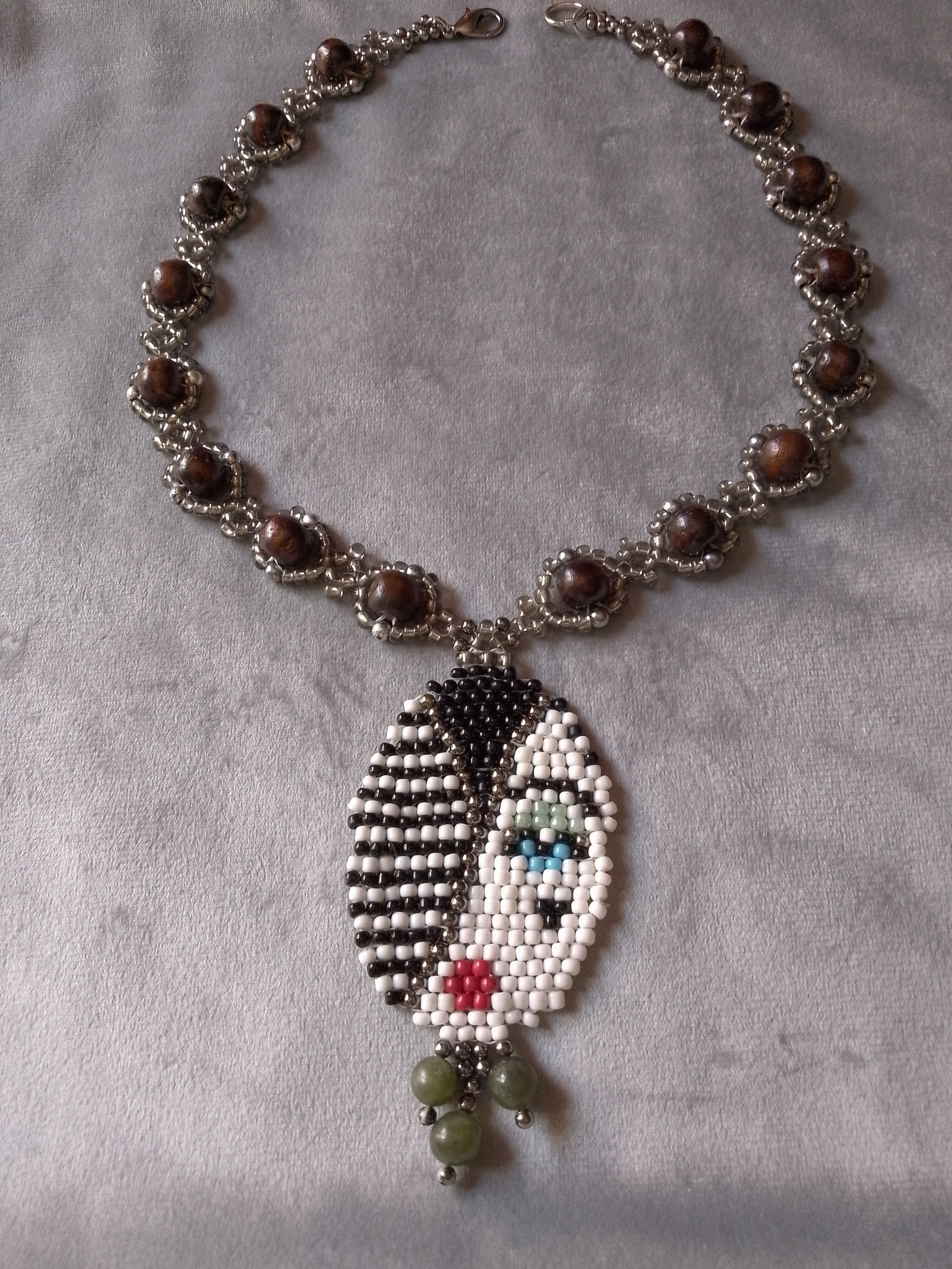 Handmade Boho necklace in wood pendant with natural jade gemstones Size ONE SIZE - 6 Thumbnail