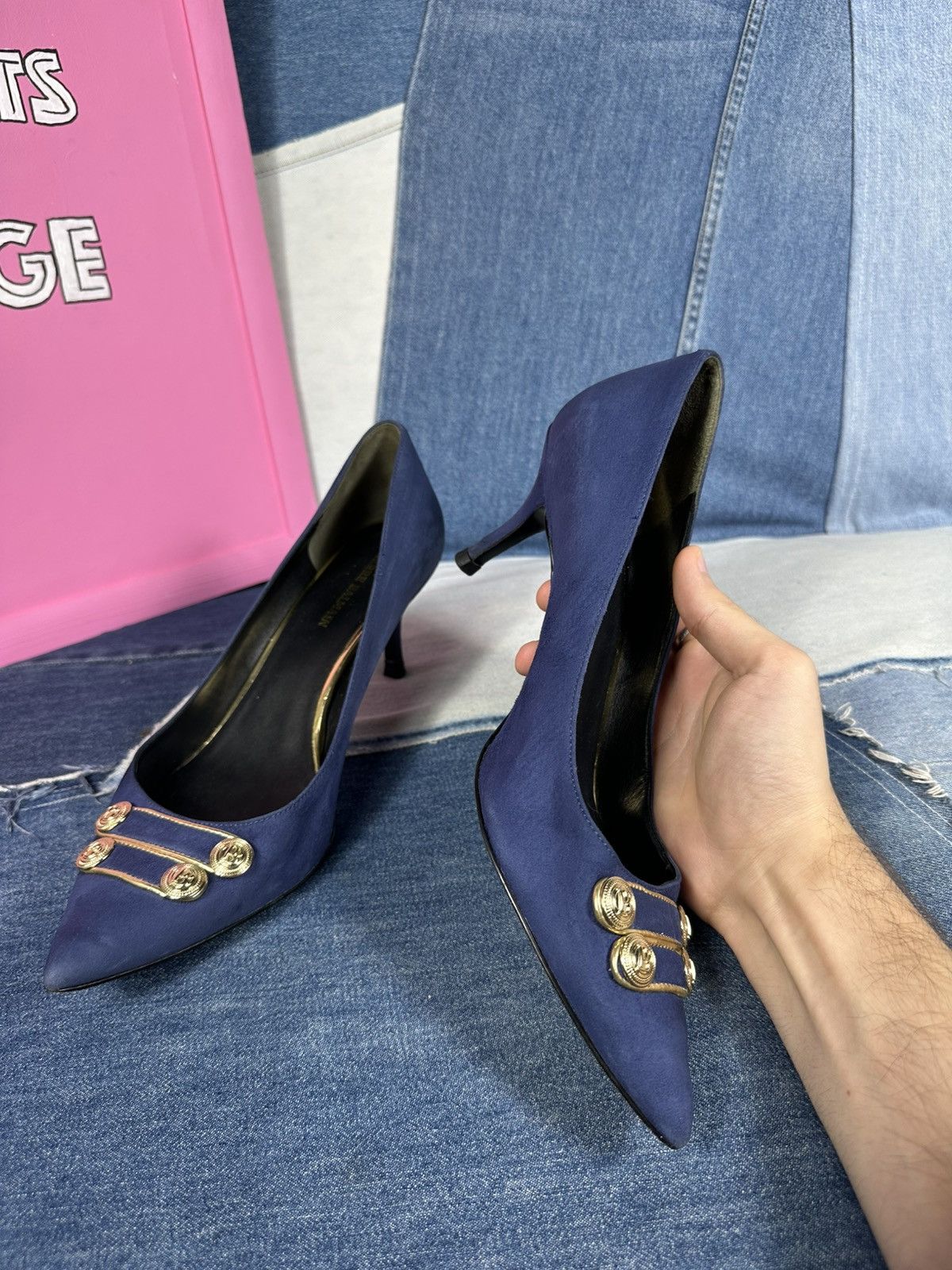 Pierre Balmain Pierre Balmain Heels Suede Blue Shoes Gold Hardware Pins Size US 11 / IT 41 - 13 Thumbnail