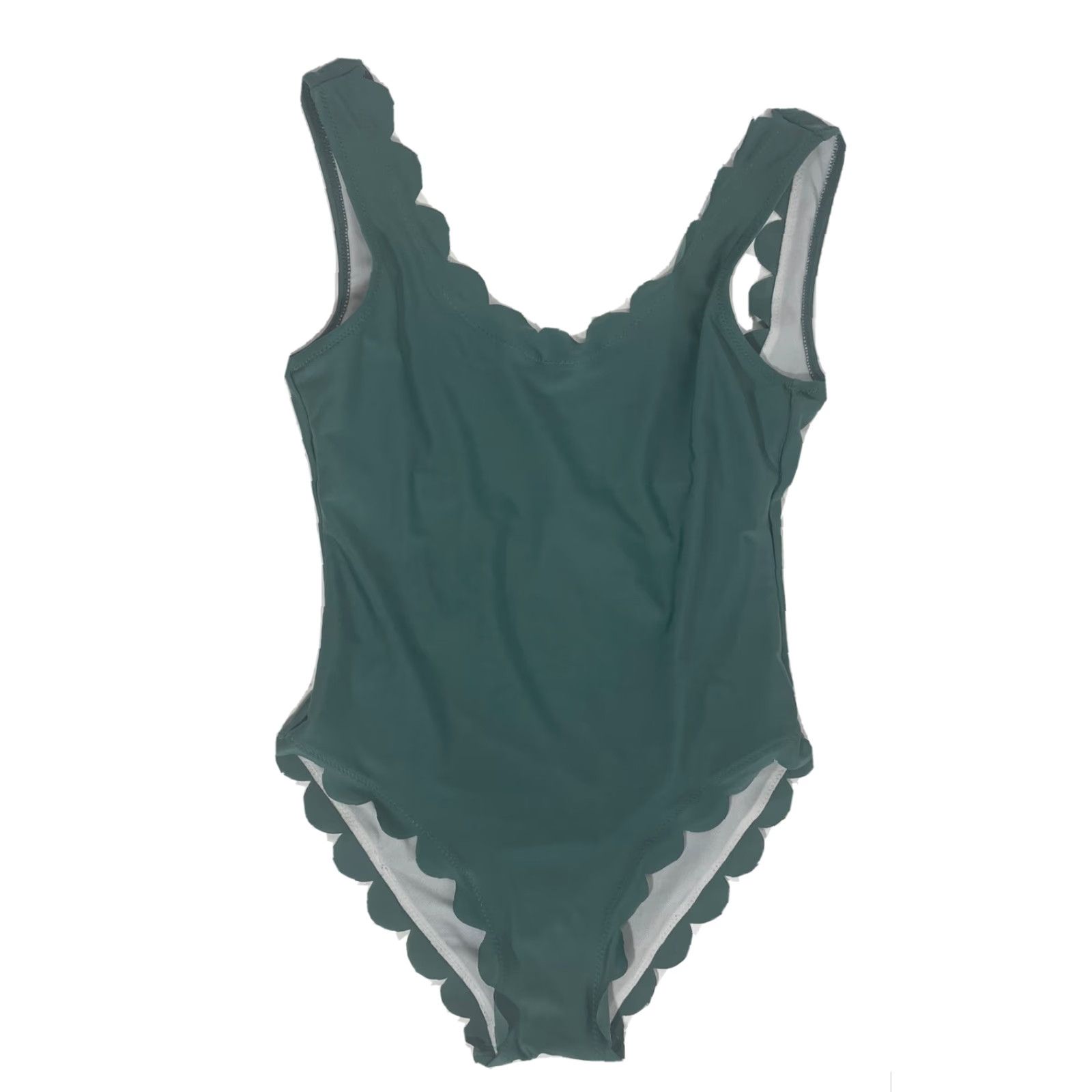 Shein VINTAGE? No. Shein Bathing Suit One Piece Green Scallop Trim Polyester 1 Piece M Women's Beach Nylon Spandex Lining Scallop Scoop Neck Halter Size M / US 6-8 / IT 42-44 - 2 Thumbnail