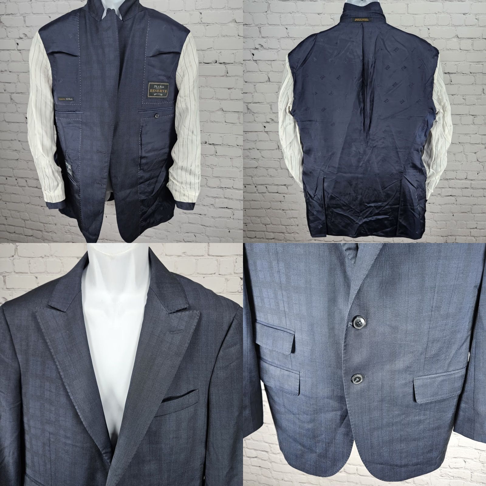 Jos. A. Bank Jos A Bank Reserve Navy 100% Wool Savile Tailored Fit Peak Blazer Sport Coat 41R Size 42R - 8 Thumbnail