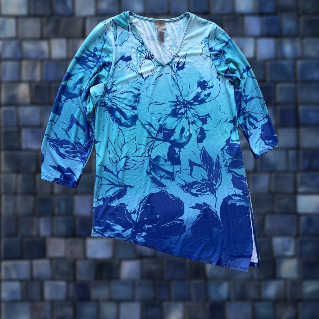 Vintage VINTAGE CHICOS Top Blue Floral 3/4 Sleeve Stretch Size 1 Made USA Easywear Size XS / US 0-2 / IT 36-38 - 1 Thumbnail