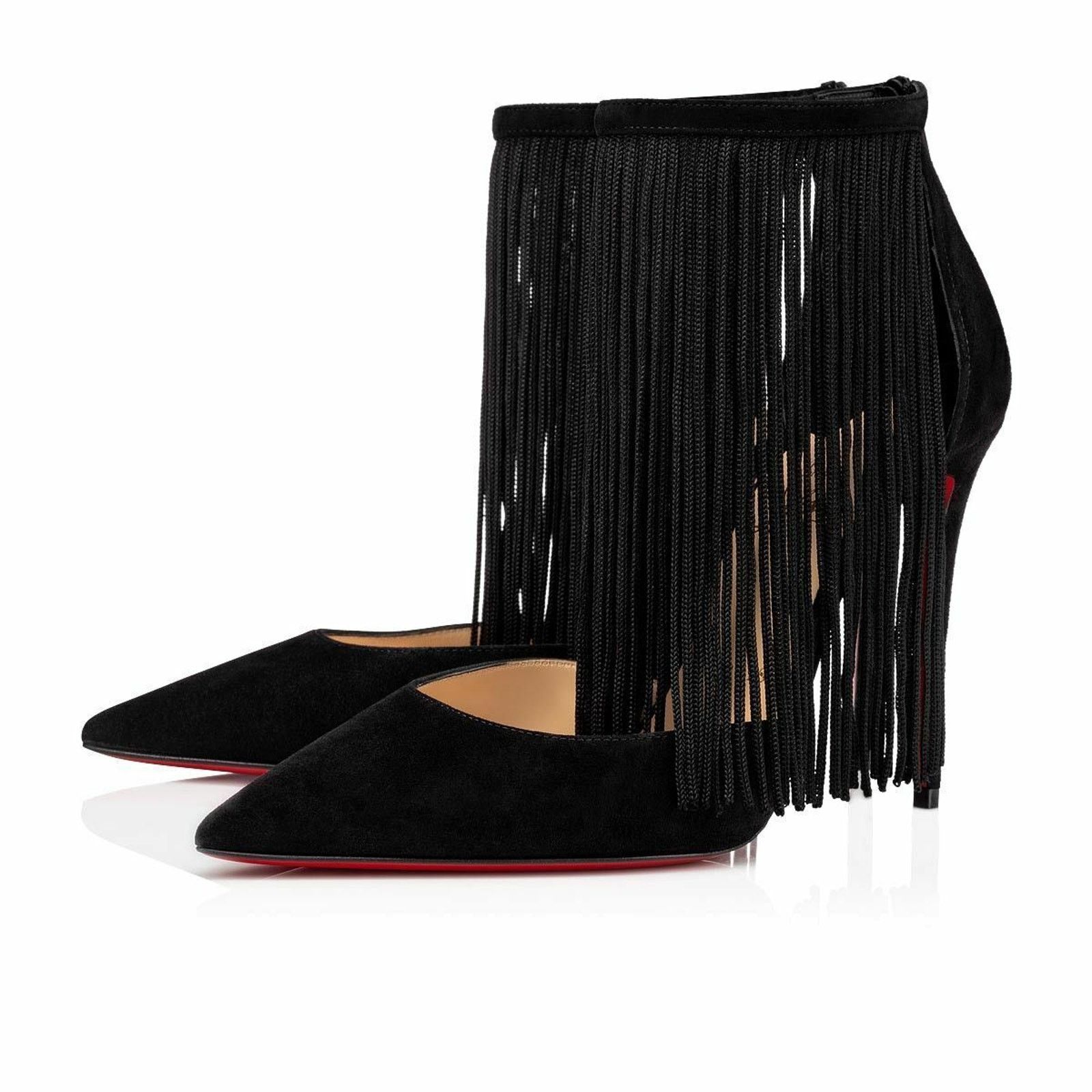Christian Louboutin Courtain 100 Black Fringe Ankle Strap Sandal Heel Pump 36 Size US 6 / IT 36 - 1 Thumbnail