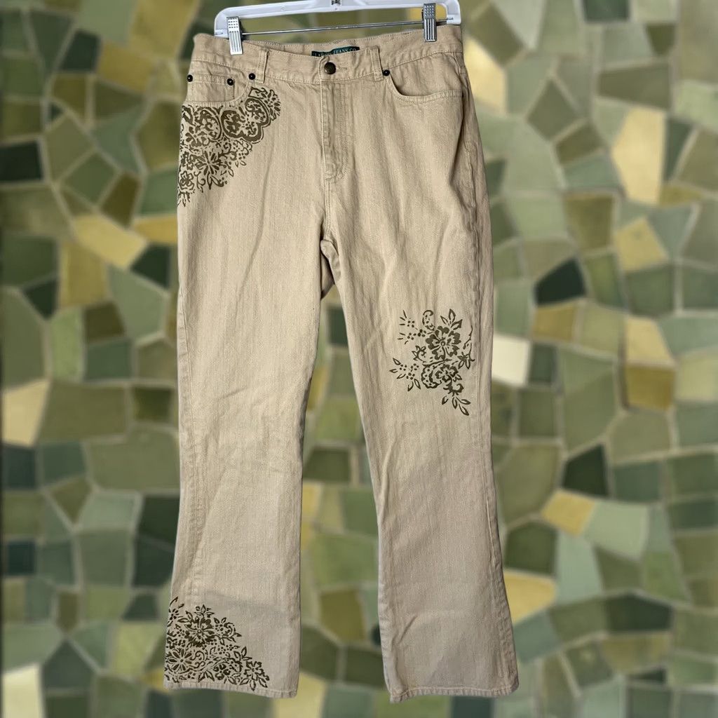 Ralph Lauren VINTAGE Lauren Jeans Co Ralph Lauren Womens Size 8 Beige Bootcut Boho Floral Denim Jeans Regular Flared 80s 90s Hipster Retro (Women) Size 30" / US 8 / IT 44 - 1 Thumbnail
