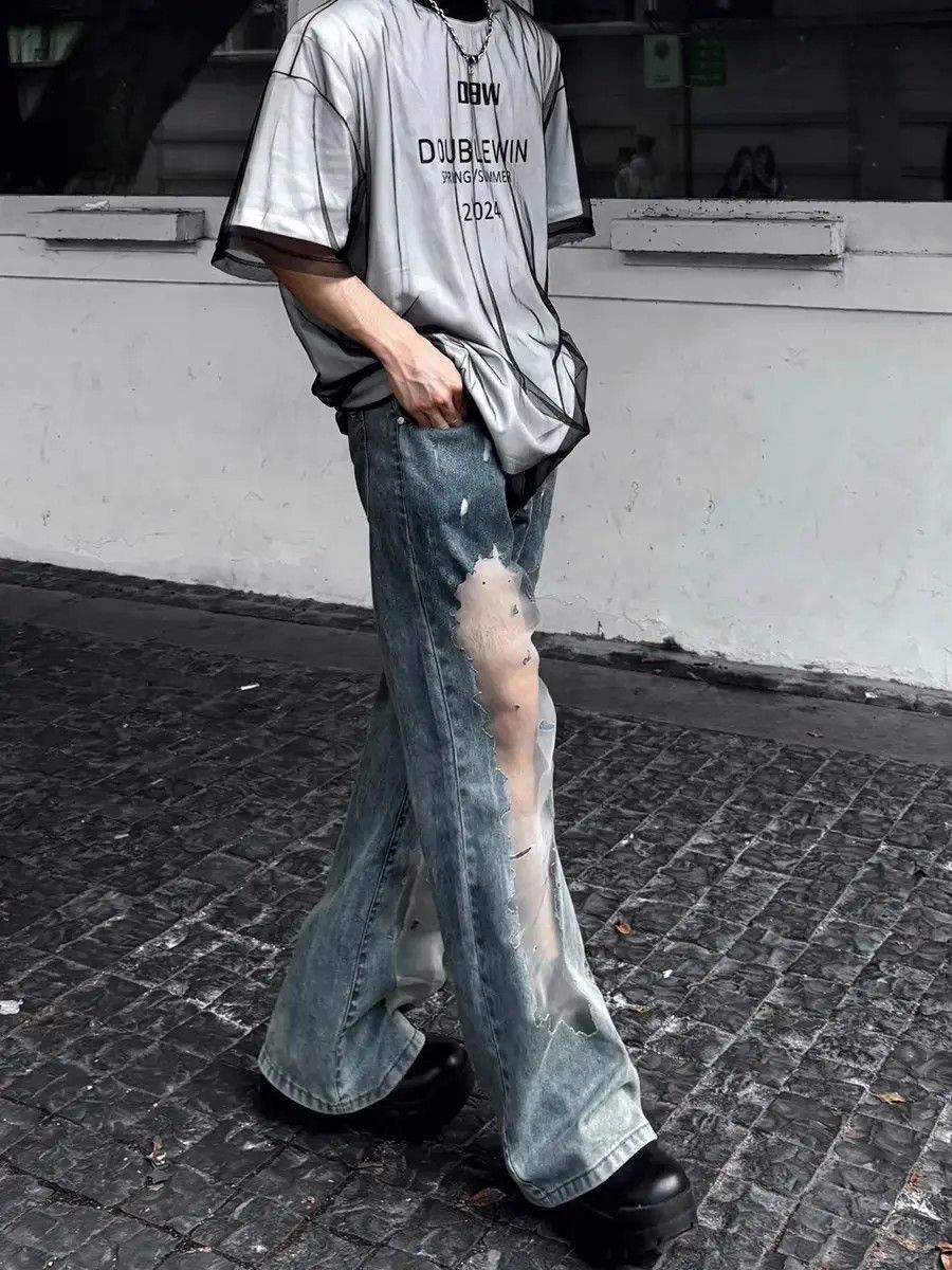 Japanese Brand Loose micro mesh patchwork jeans Size US 32 / EU 48 - 4 Thumbnail