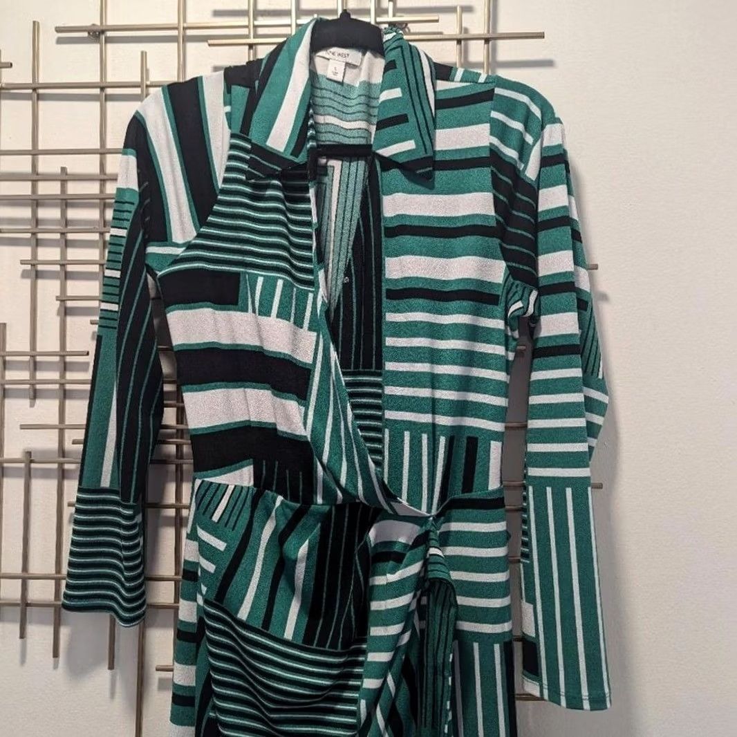 Nine West Nine West Green Black Geometric Stripe Collared Dress Long Sleeve L Stretch Retro Mod Party/Cocktail Wrap Dress Size L / US 10 / IT 46 - 3 Thumbnail