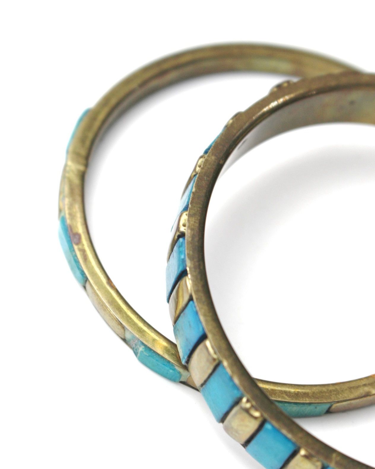 Vintage 1980S JAPANESE HANDCRAFTED TURQUOISE INLAY BRASS BANGLE SET Size ONE SIZE - 5 Thumbnail
