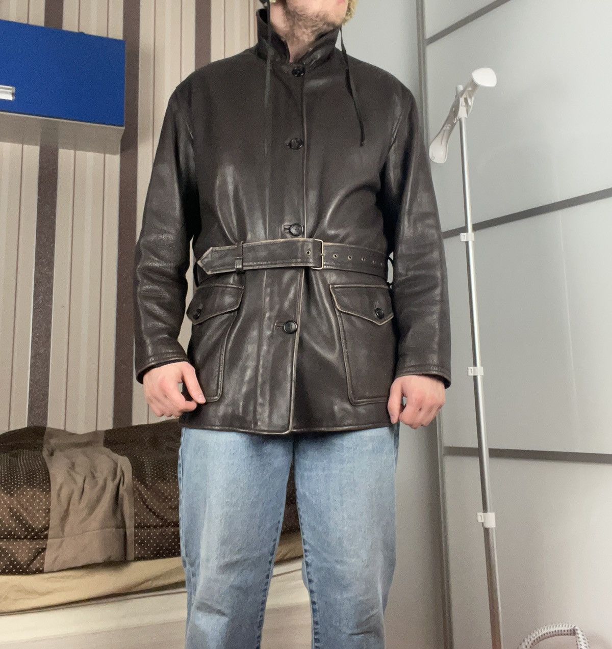 image of Belted Lambskin Leather Coat Ralph Laurent in Brown, Men's (Size Medium)