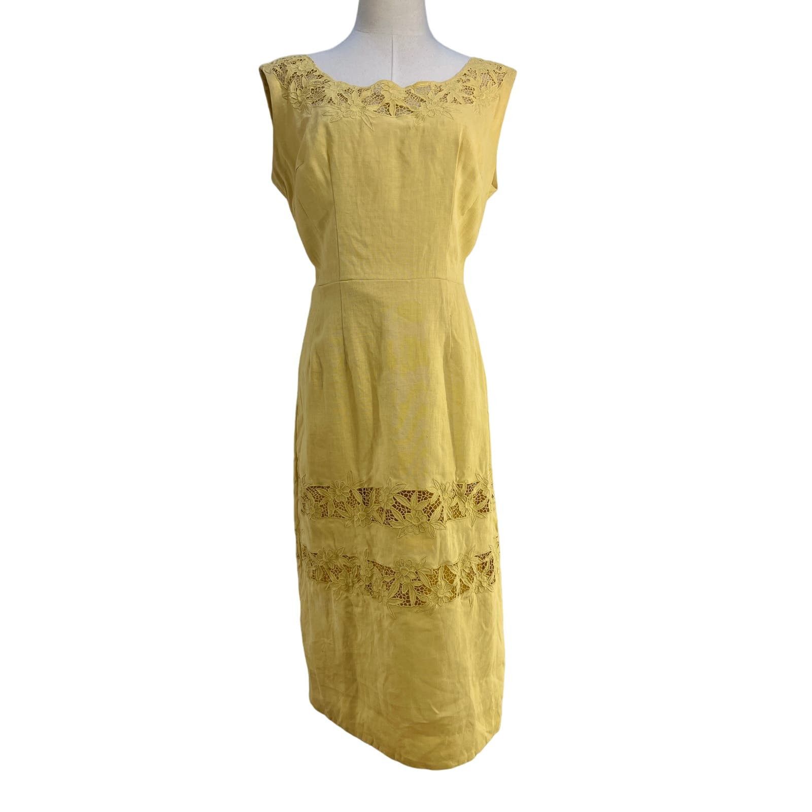 image of Vintage Cavanagh's Linen Sheath Dress Lace Details Yellow, Women's (Size XL)