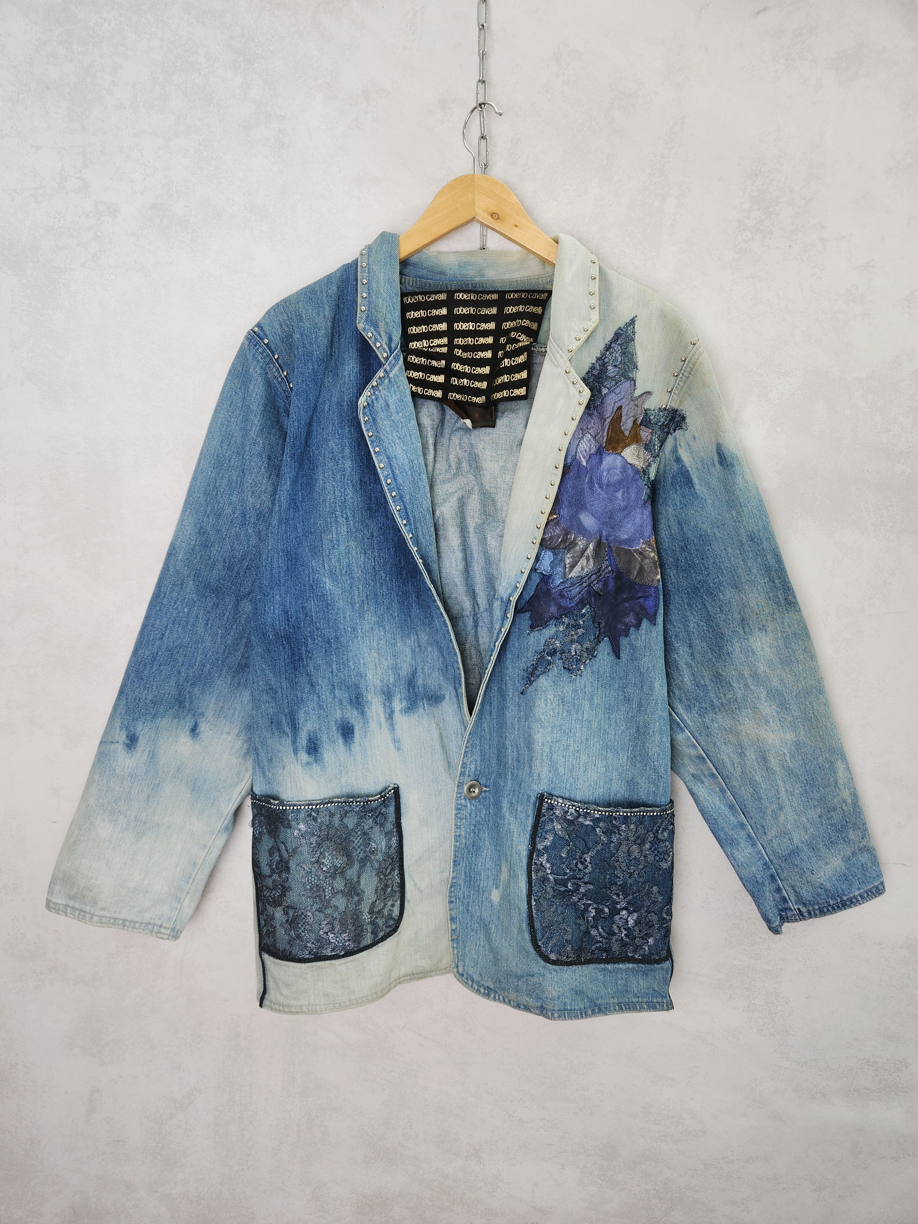 Roberto Cavalli 80s Roberto Cavalli denim jeans jacket leather flowers Size L / US 10 / IT 46 - 1 Thumbnail