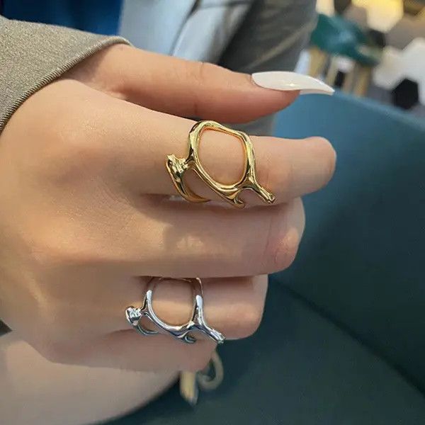 Jewelry Liquid Metal Chunky Hollow Open Adjustable Set Of Rings Size ONE SIZE - 7 Thumbnail