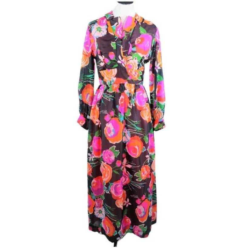 Vintage Vintage 1970s Chiffon Dark Floral Print Maxi Dress Medium Size M / US 6-8 / IT 42-44 - 1 Thumbnail