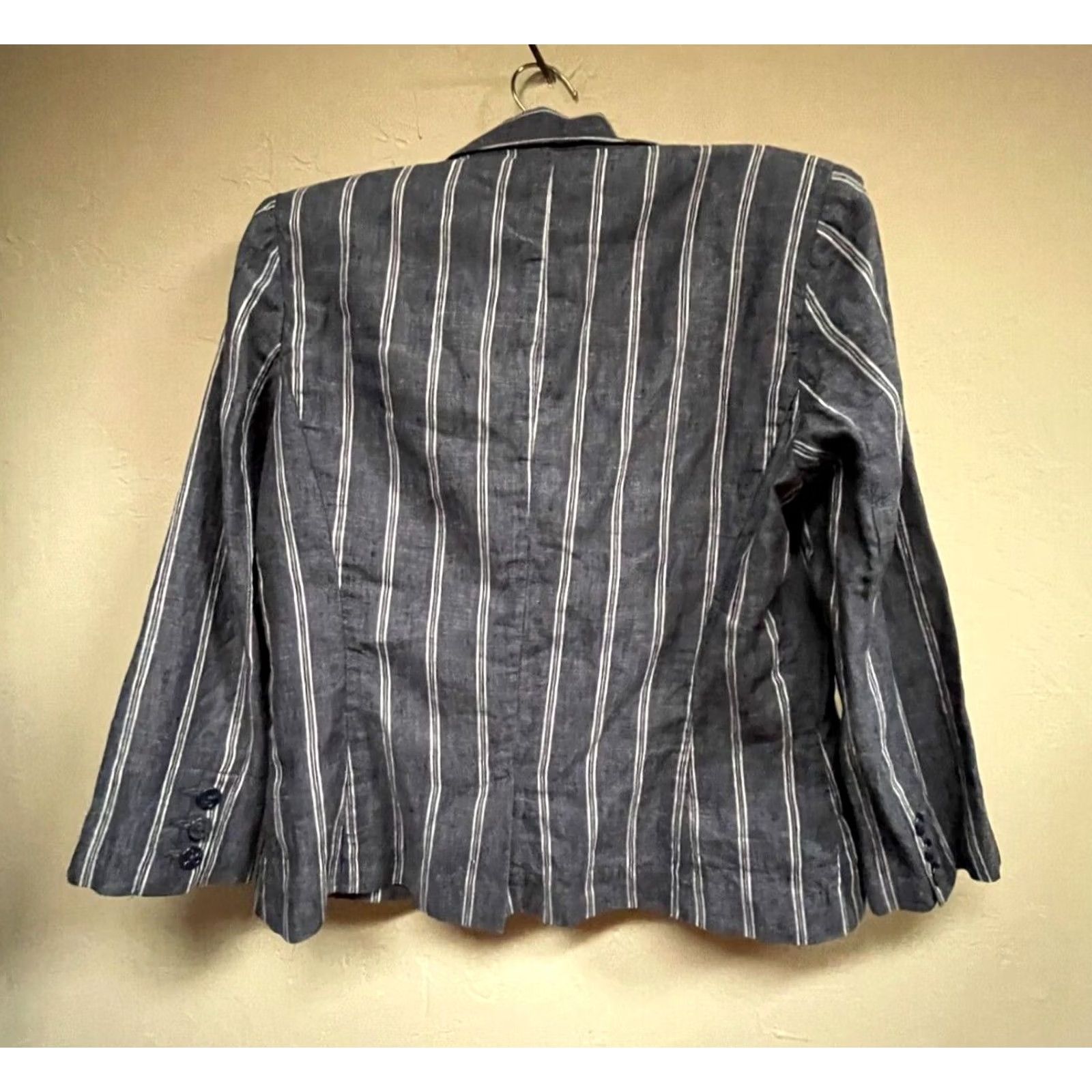 Vintage Cabi Womens Blue White Striped Linen Puff Sleeve Two-Button Blazer Jacket Size 8 Size M / US 6-8 / IT 42-44 - 2 Thumbnail