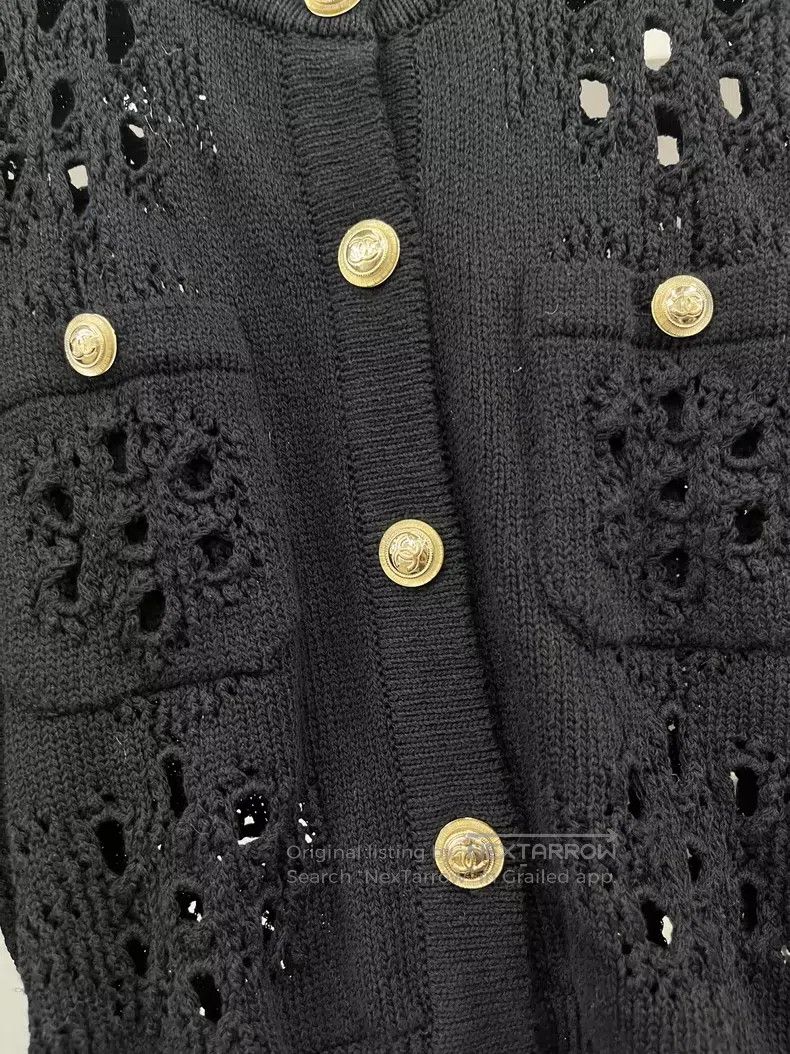 Chanel Black gold-buttoned hollow knitted dress