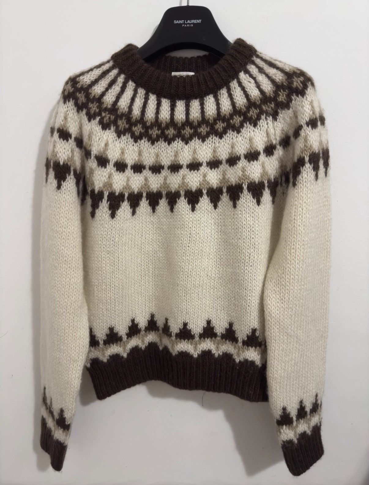 Saint Laurent Paris Saint Laurent Crewneck Cream/Brown Fair Isle Knit Sweater Size US L / EU 52-54 / 3 - 1 Thumbnail