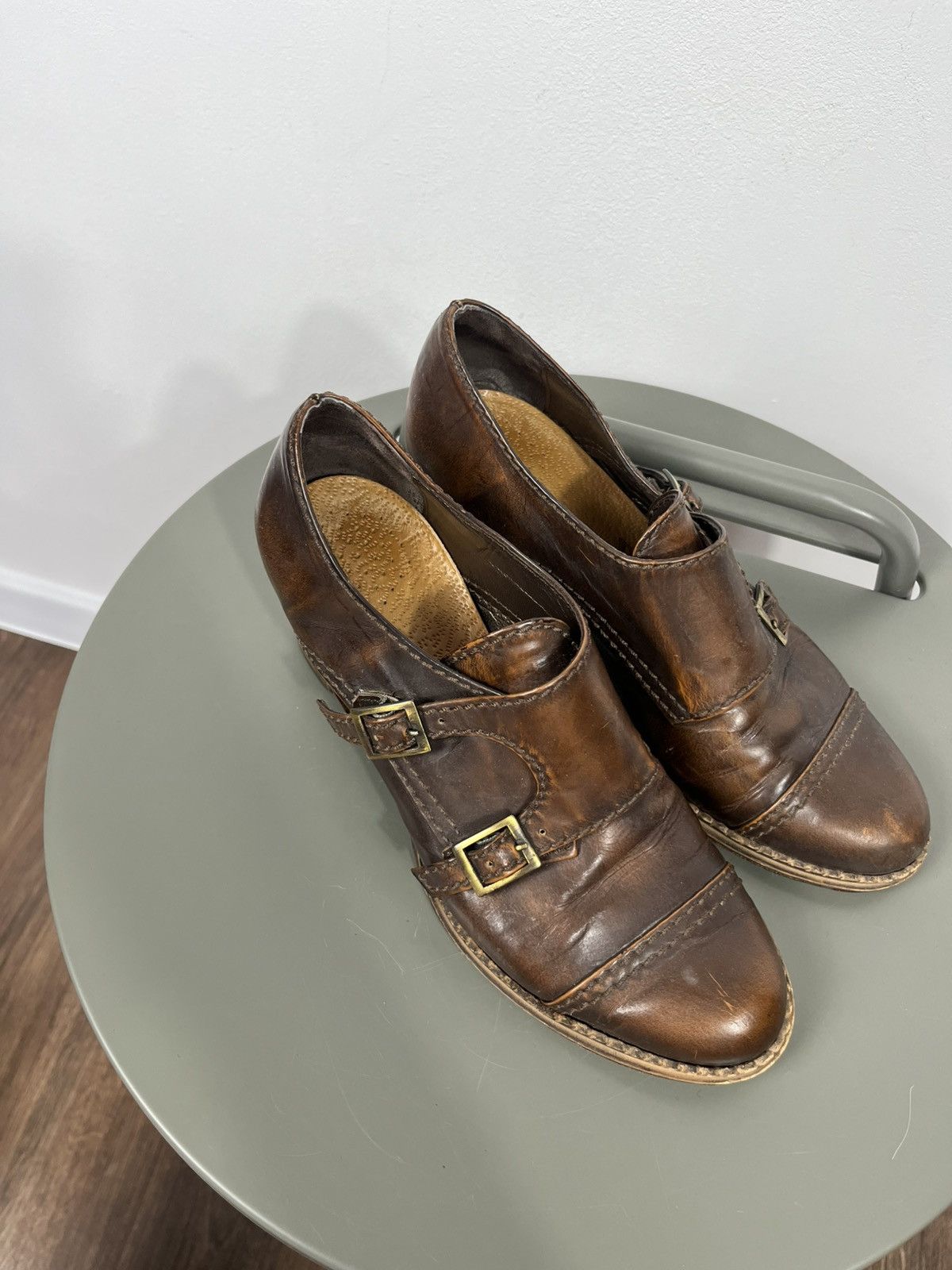 Leather Women’s Leather Buckle Heeled Shoes Brown Vintage EU 38 Size US 7 / IT 37 - 3 Thumbnail