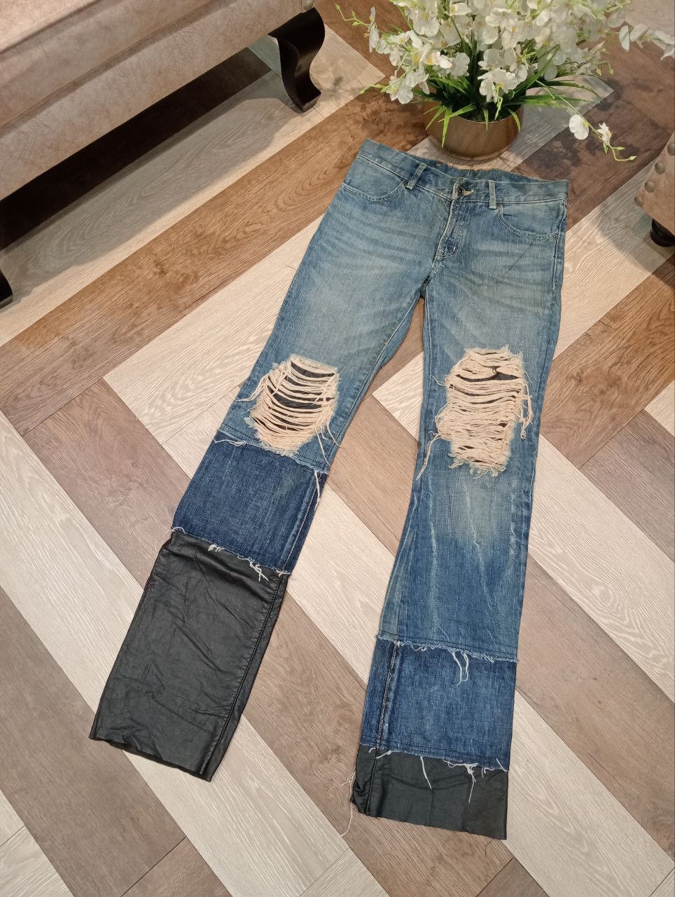 BUFFALO BOBS BUFFALO JEANS JAPAN HAGI MIX LEATHER FLARED DENIM PANTS Size US 30 / EU 46 - 2 Thumbnail