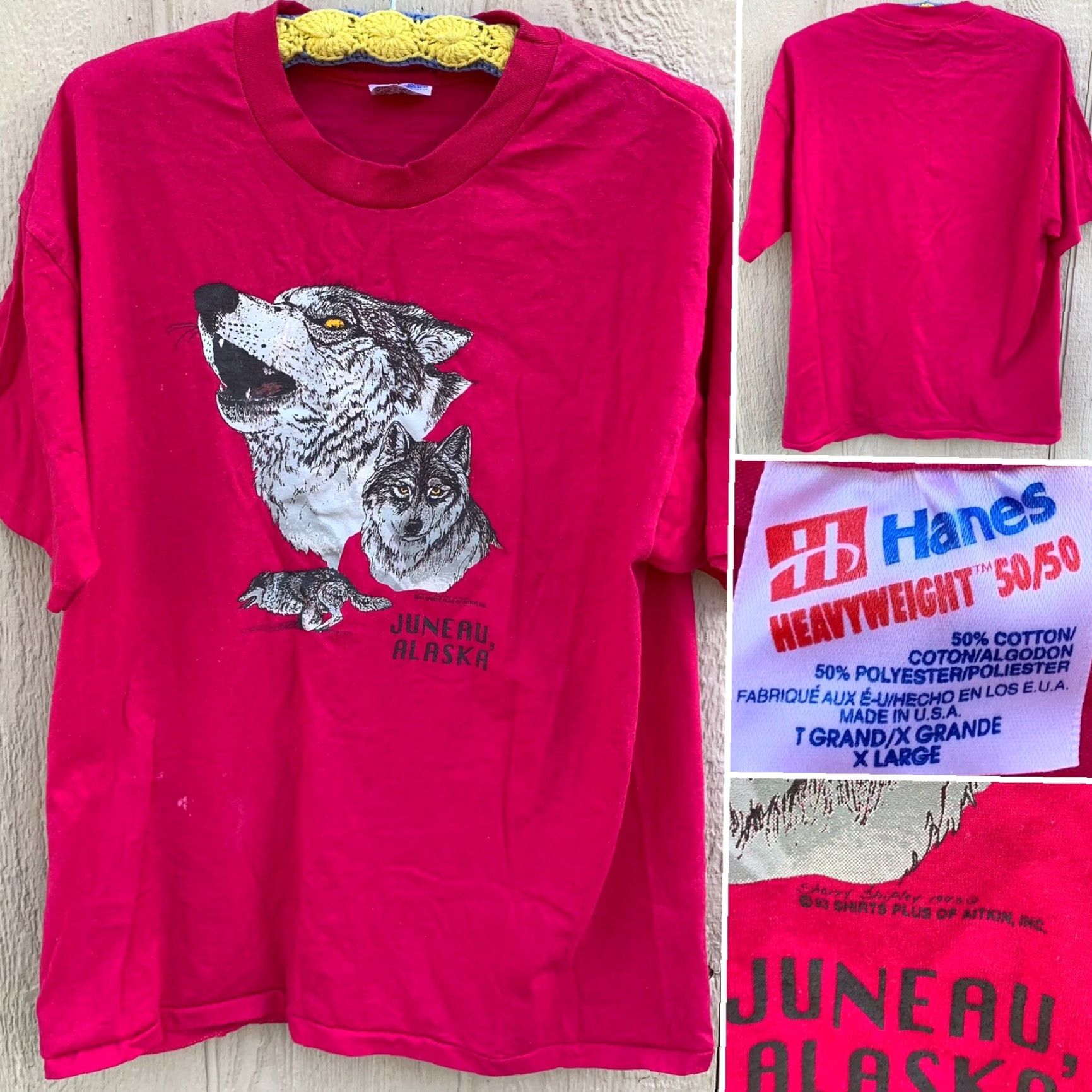 Hanes VINTAGE Hanes Heavyweight 50/50 T-Shirt Wolf Graphics Juneau Alaska 1990s 1993 XL Mens Pink Short Sleeve Crew Neck Graphic Print Size US XL / EU 56 / 4 - 2 Thumbnail