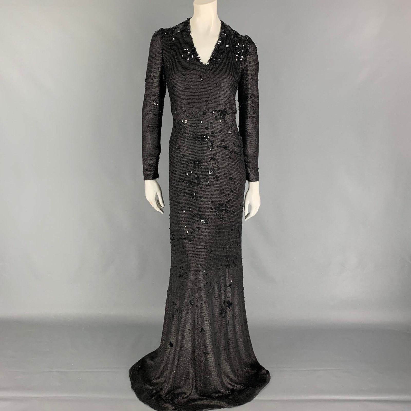 Size 6 Black Polyester Blend Sequined Column Gown Dress