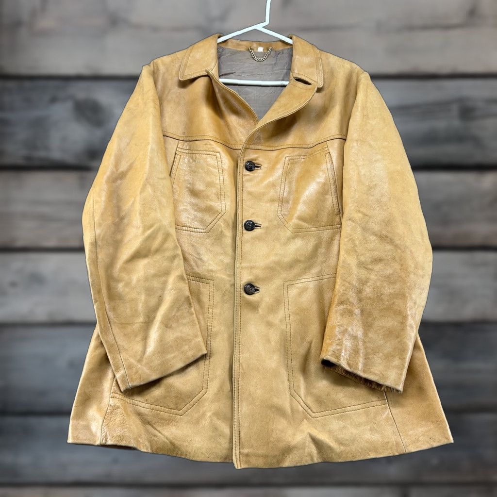 Vintage VINTAGE Leather Coat Mens 42 Brown Blazer Genuine Overcoat 70s 80s Jacket Coat Blazer Leather Single-Breasted Three-Button Notch Lapel Vintage Mens Size 42R - 1 Thumbnail