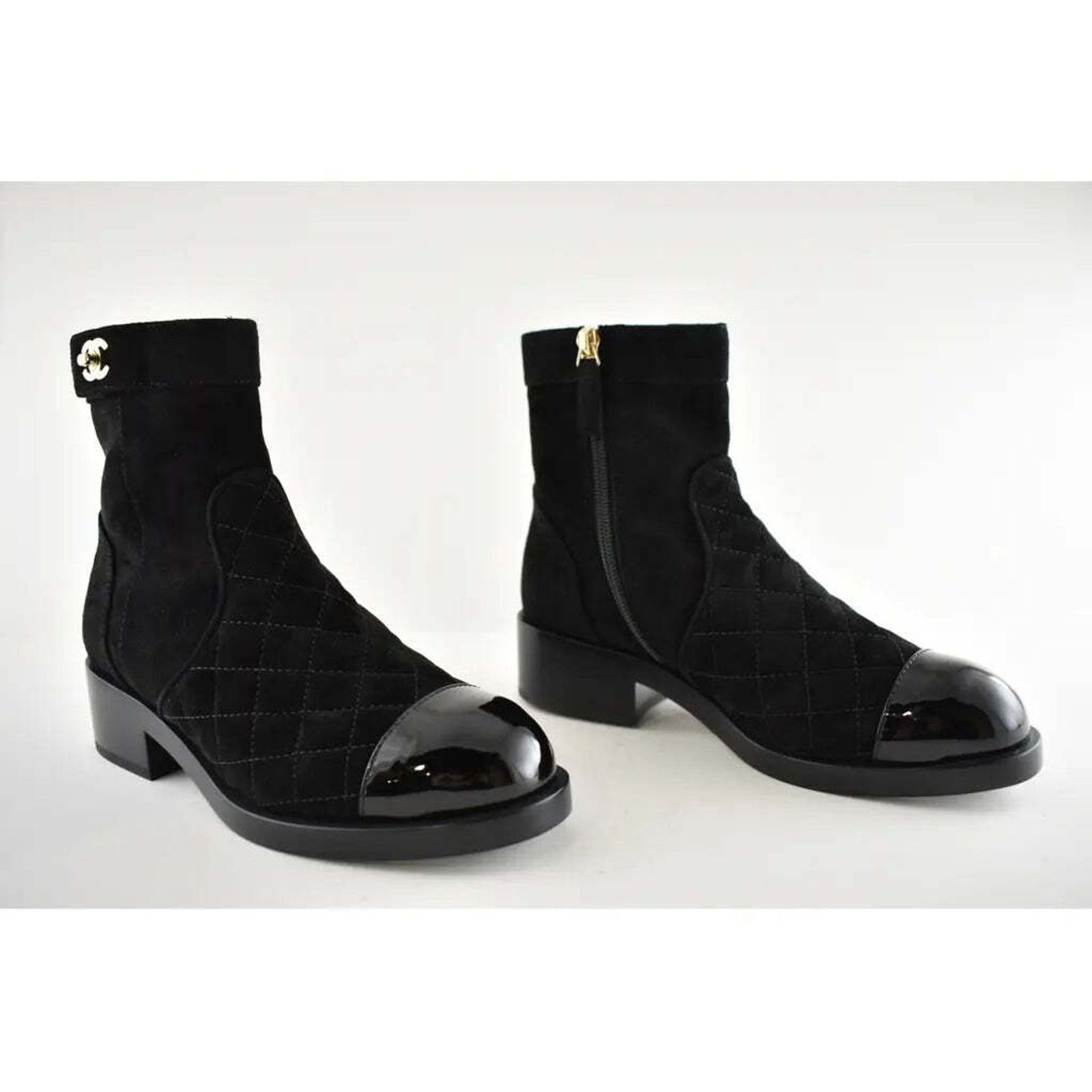 Chanel Chanel 20K Black Suede Quilted Turnlock CC Gold Patent Ankle Size US 5 / IT 35 - 2 Thumbnail