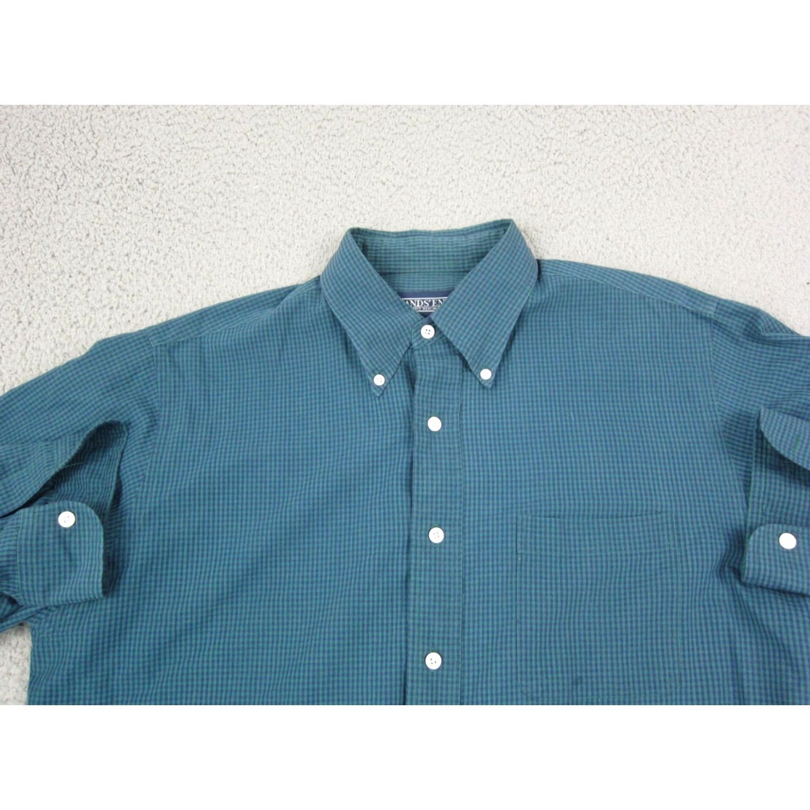 Lands' End Lands' End Shirt Button-Up Long Sleeve Blue Green Gingham Check Mens Size Large 16 Casual Vintage (Adult) Size US L / EU 52-54 / 3 - 2 Thumbnail